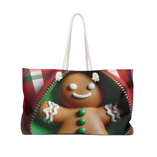 Personalised/Non-Personalised Weekender Bag, Cute Gingerbread Man, Christmas, Tartan, Large Weekender Bag, Beach Bag, Book Bag