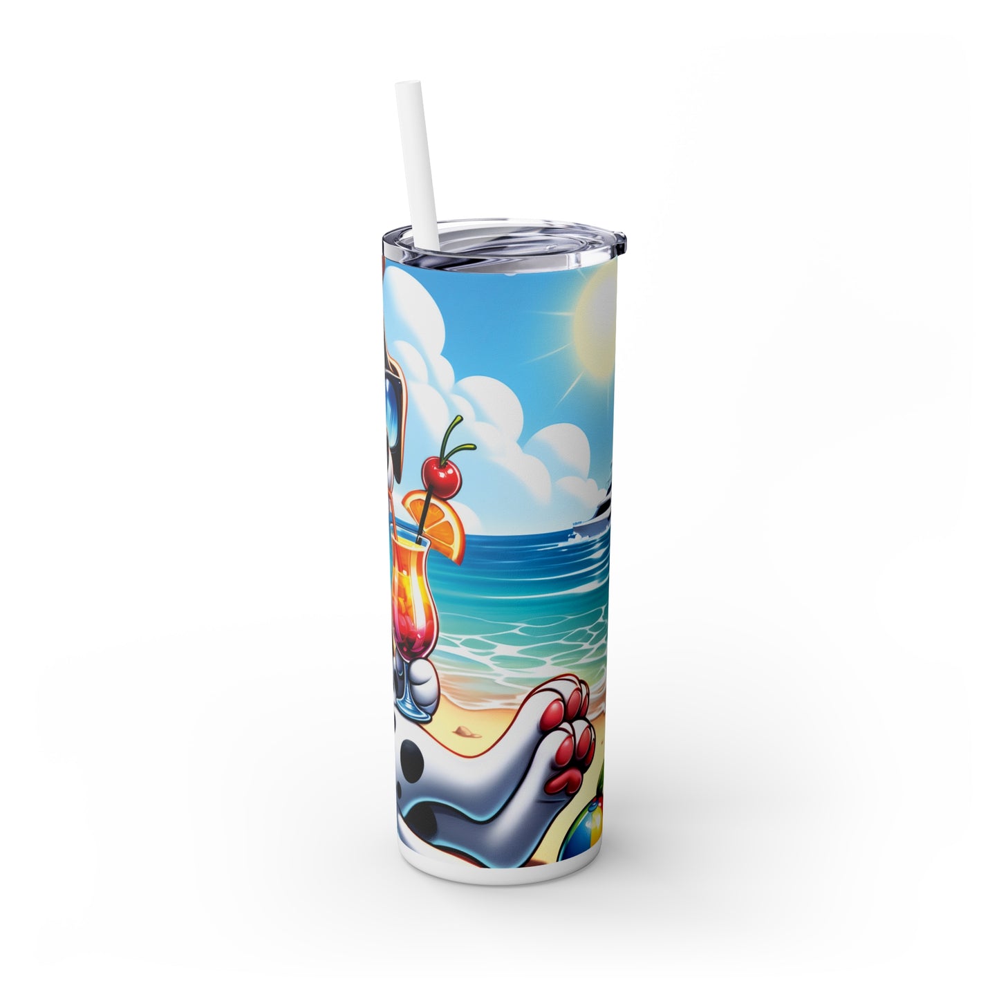 Skinny Tumbler with Straw, 20oz, Dog on Beach, Dalmatian, awd-1209