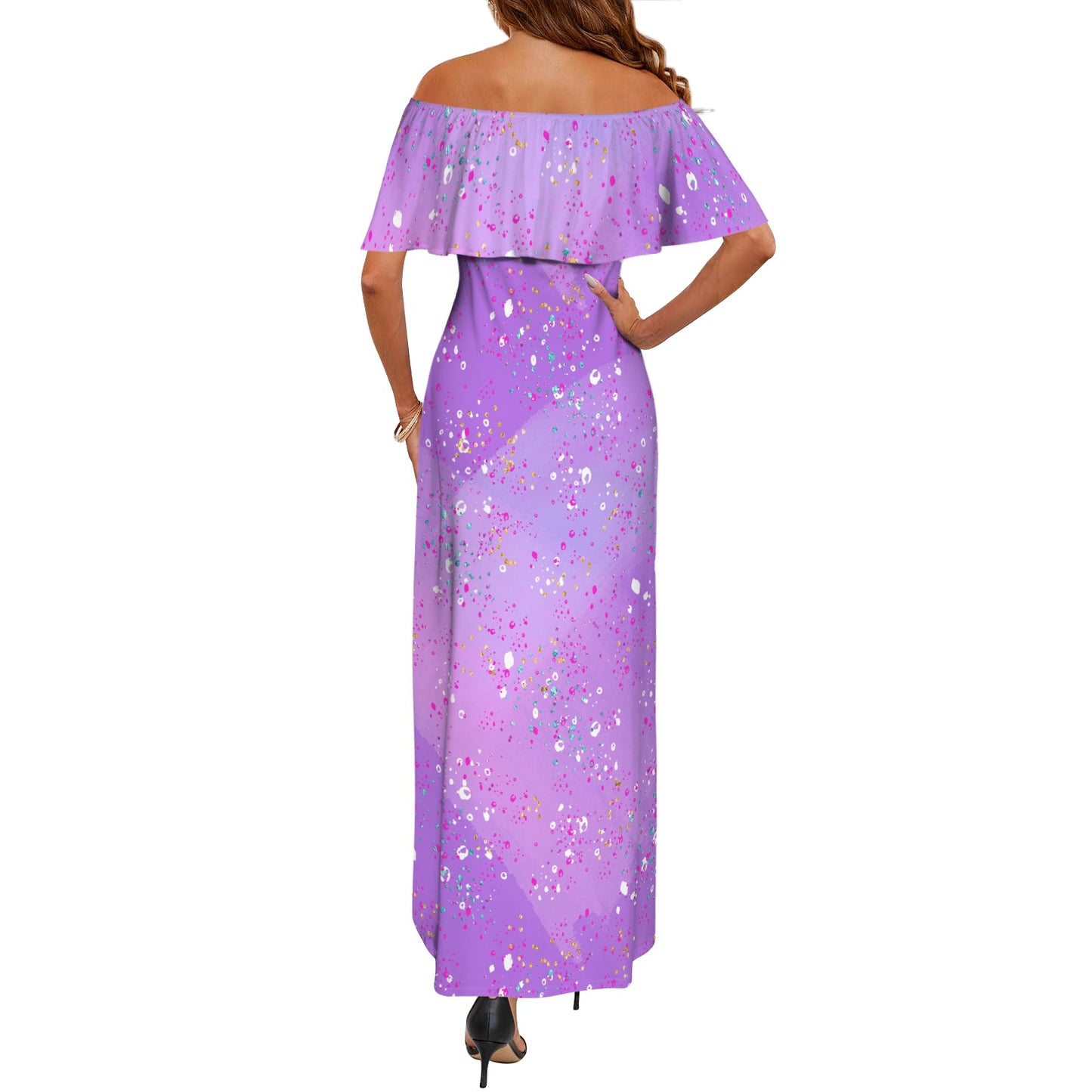 Purple Splash Women's Off Shoulder Ruffle Boat Neck Dress (Model D71)
