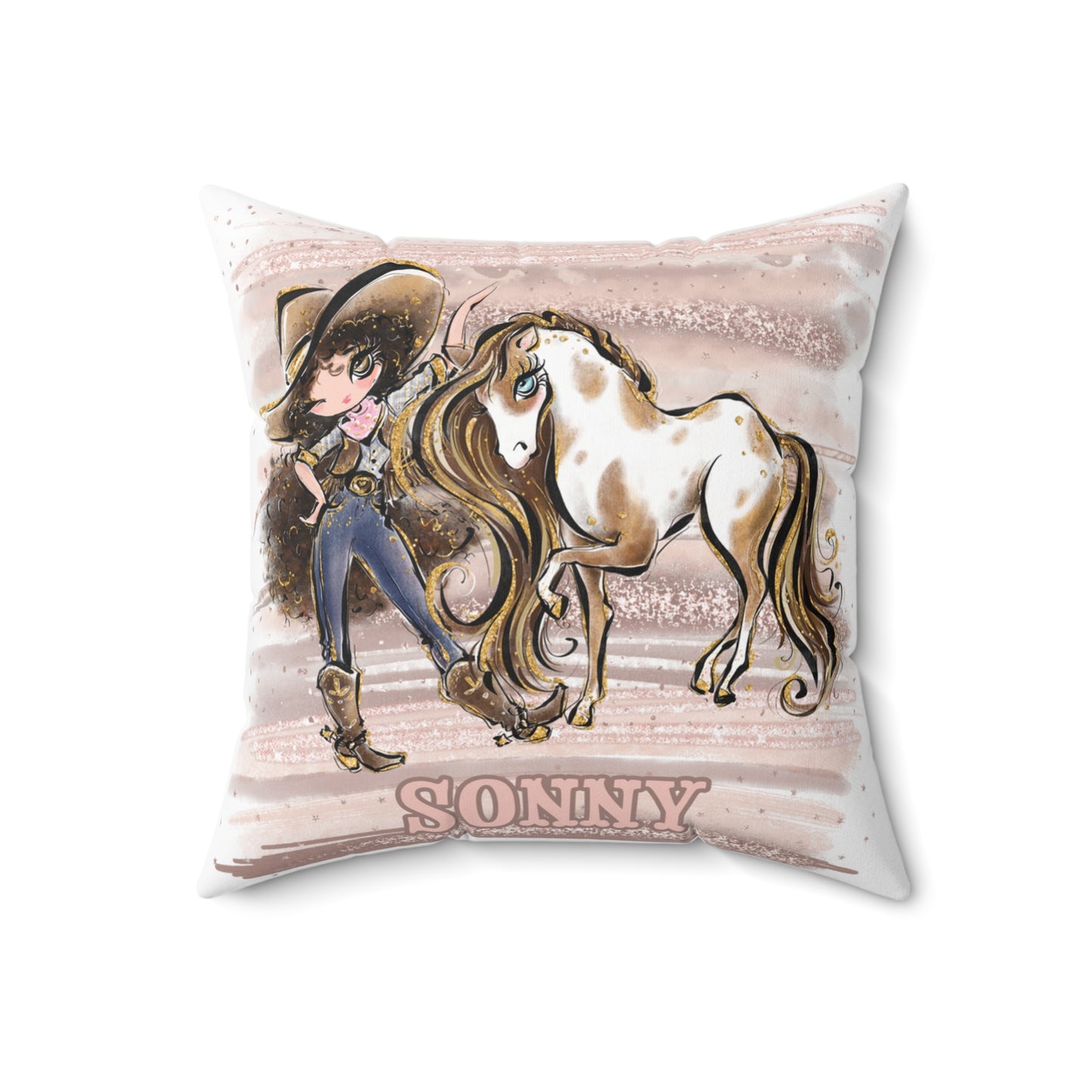 Personalised Cowgirl and Horse Cushion,  Brown Curly Hair, Brown Eyes, Polyester Square Cushion, Christmas cushion