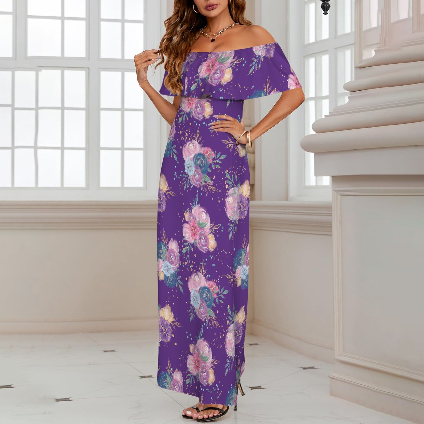 Purple Floral Women's Off Shoulder Ruffle Boat Neck Dress (Model D71)