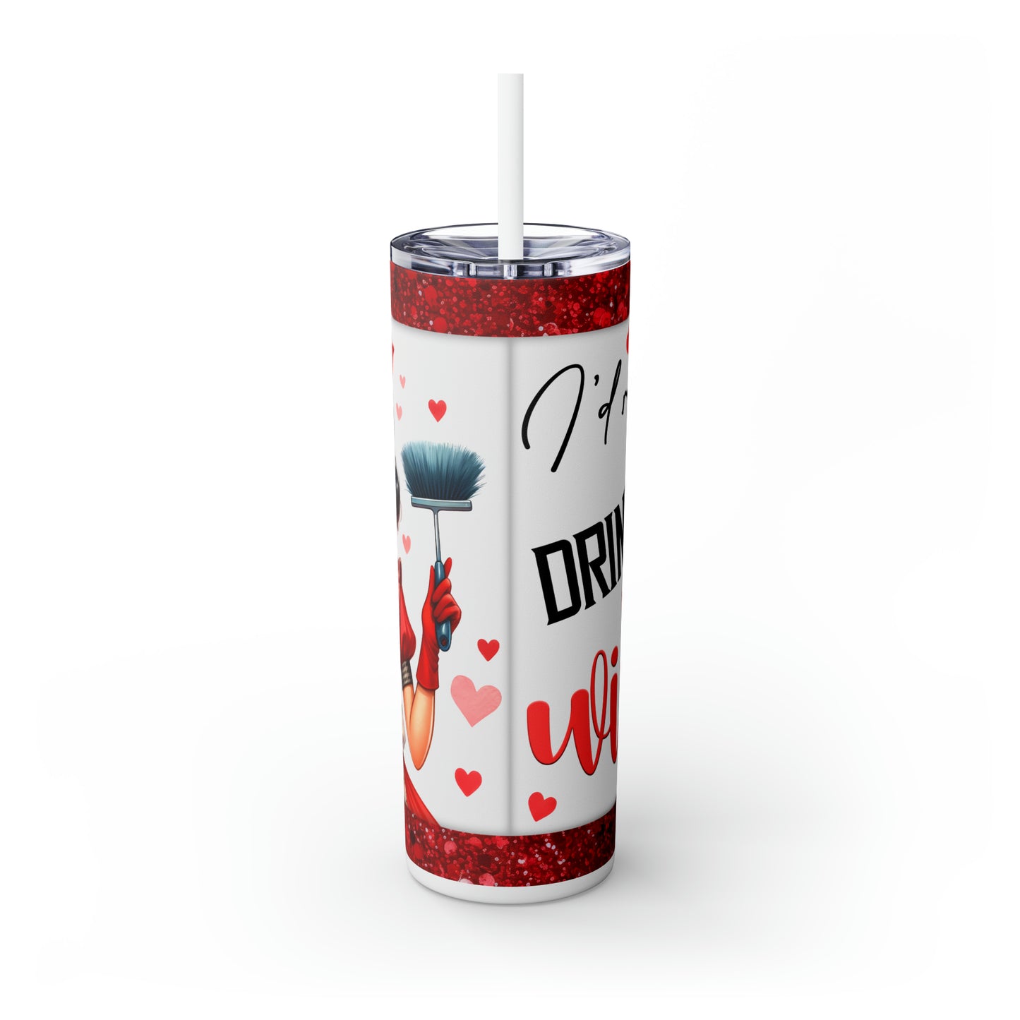 Skinny Tumbler with Straw, 20oz, Retro, Quote, I'd Rather Drink Wine