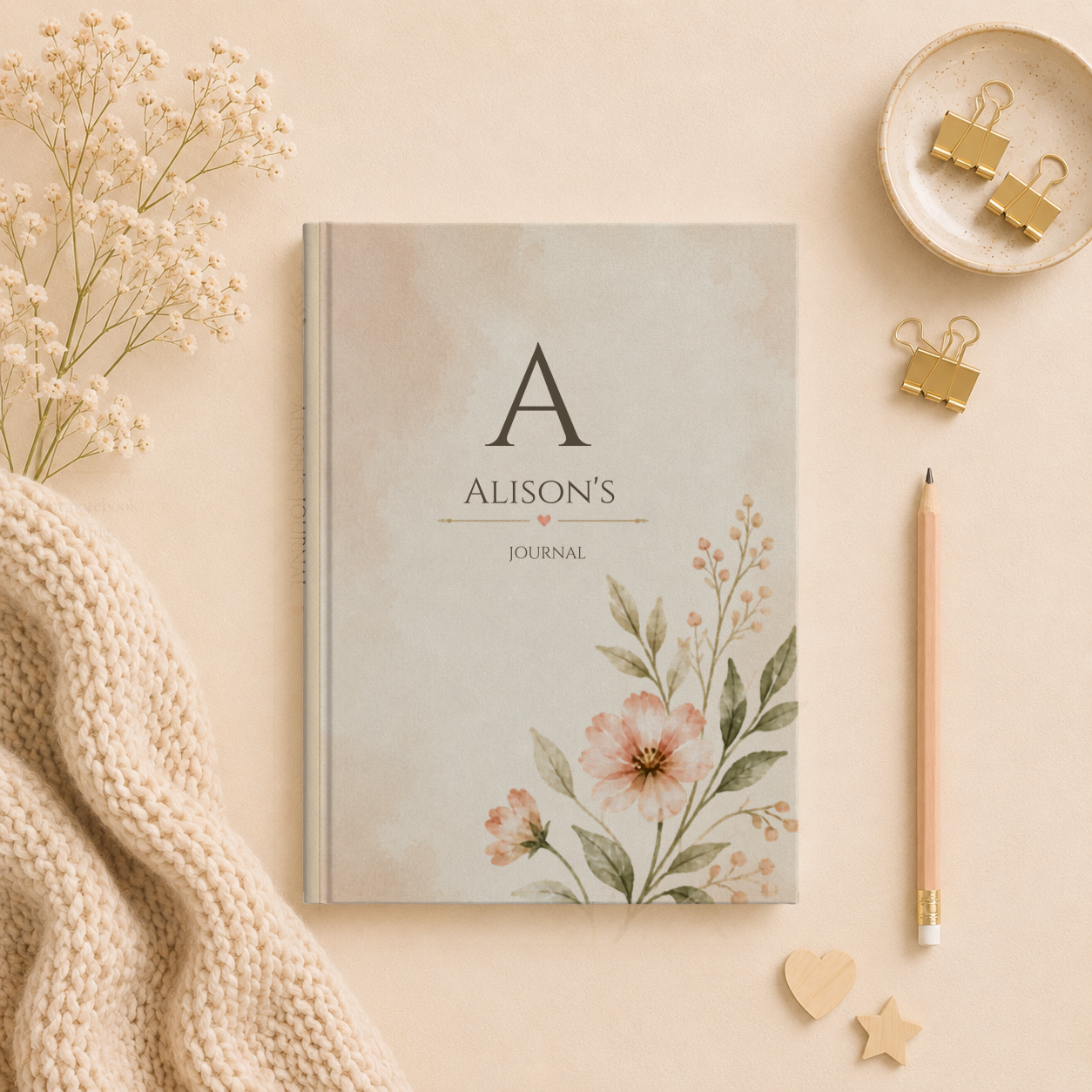 Personalized Floral Journal, Custom Name, Hardcover Notebook, Matte Finish, Stylish Writing, Gift for Writers, Elegant Stationery