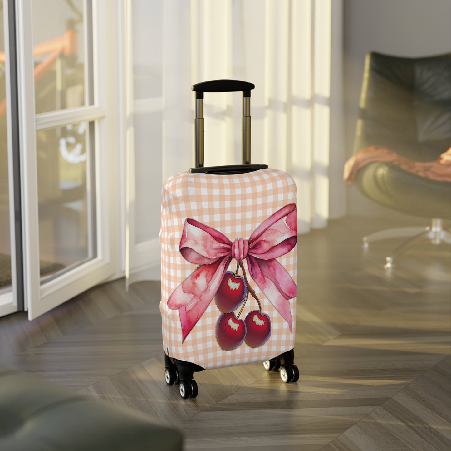 Luggage Cover, Rockabilly, Coquette, Pastel Orange Gingham, Cherries and Ribbon, awd-2510