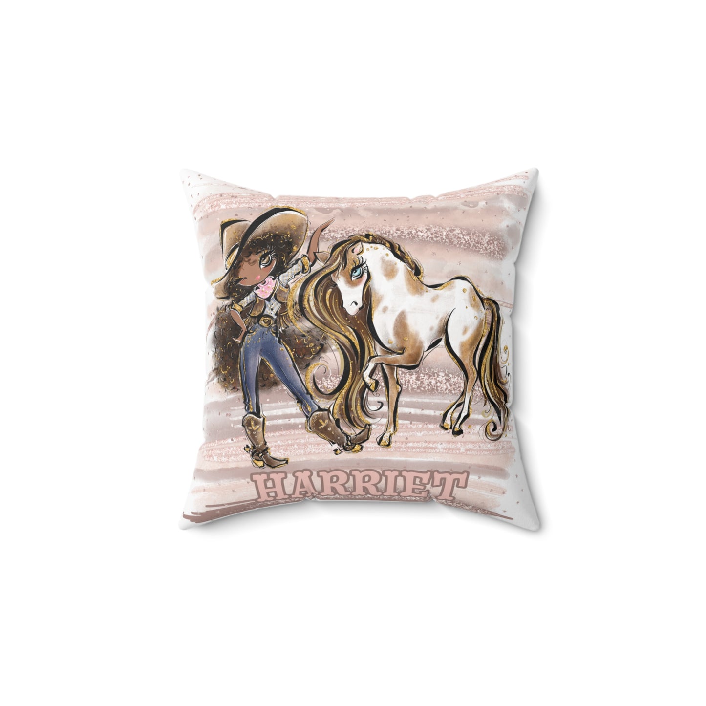 Personalised Cowgirl and Horse Cushion,  Brown Curly Hair, Olive Skin, Brown Eyes, Polyester Square Cushion, Christmas cushion