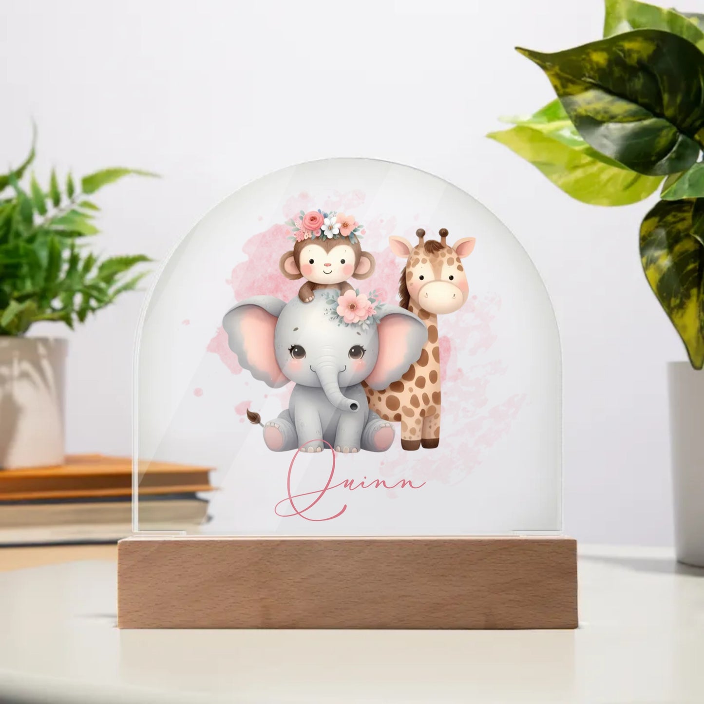 Personalised Elephant, Giraffe and Monkey Acrylic Dome Plaque Wooden Base Night Light