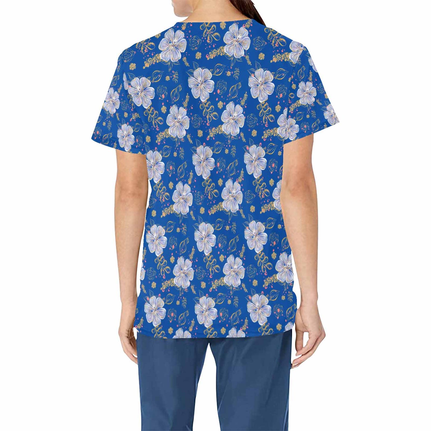 Blue Floral  Women's V Neck Scrub Top Nurse Uniform with Deep Front Pockets