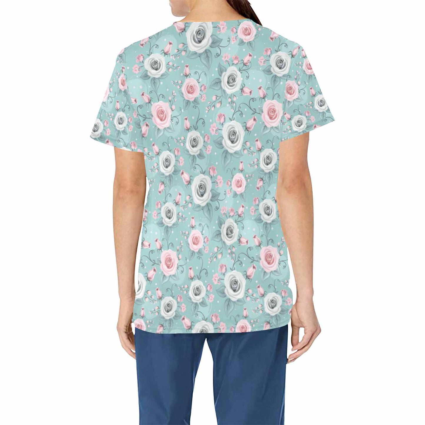 Green Pastel Roses  Women's V Neck Scrub Top Nurse Uniform with Deep Front Pockets