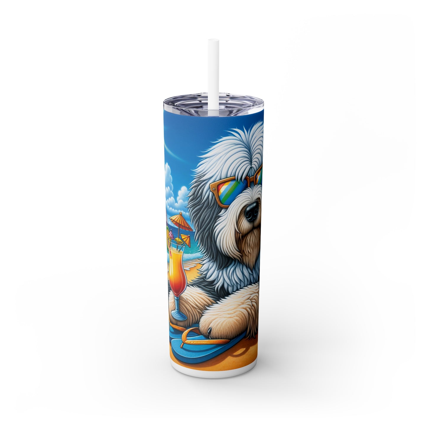 Skinny Tumbler with Straw, 20oz, Dog on Beach, Old English Sheepdog, awd-1228