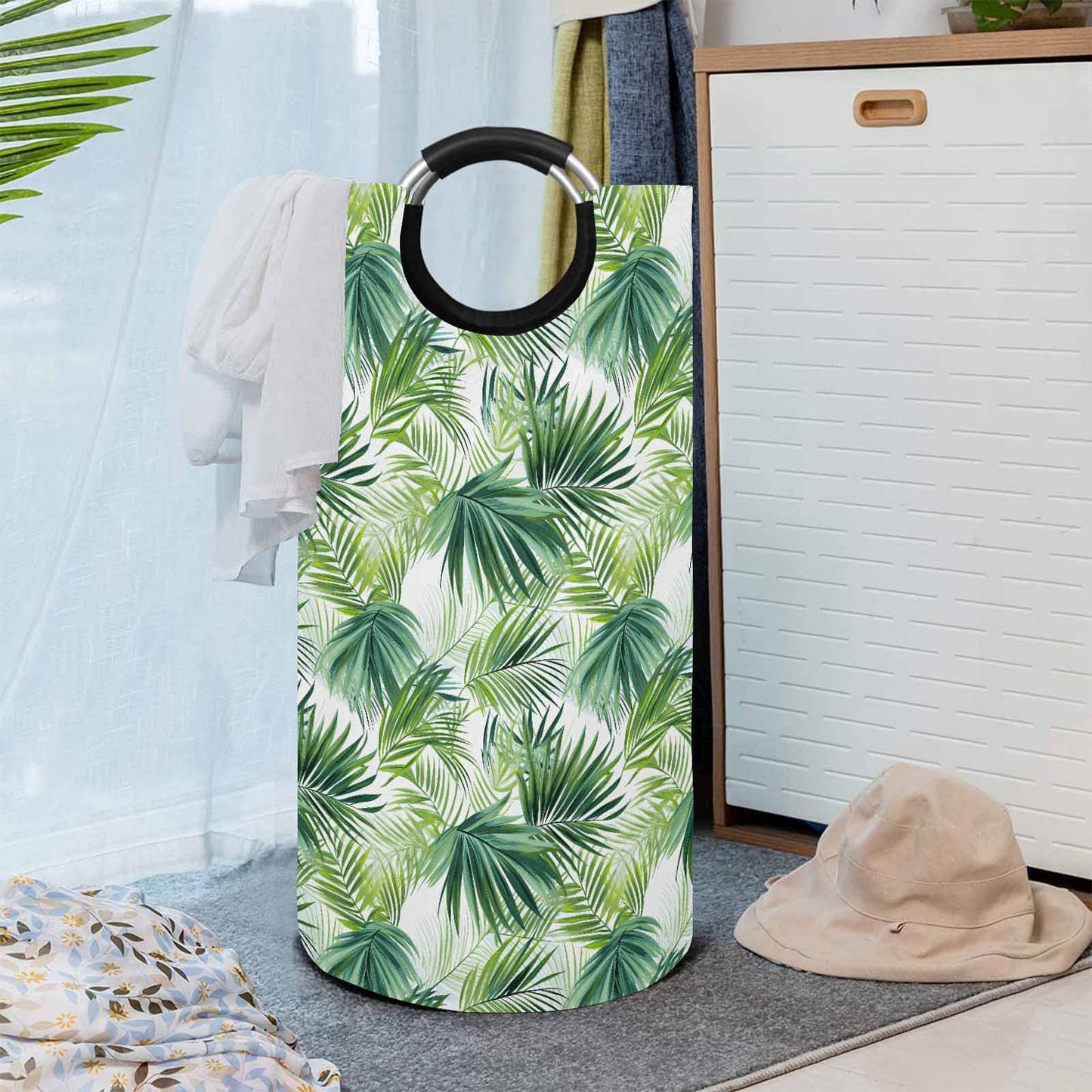 Green Palm Leaves  Round Laundry Basket