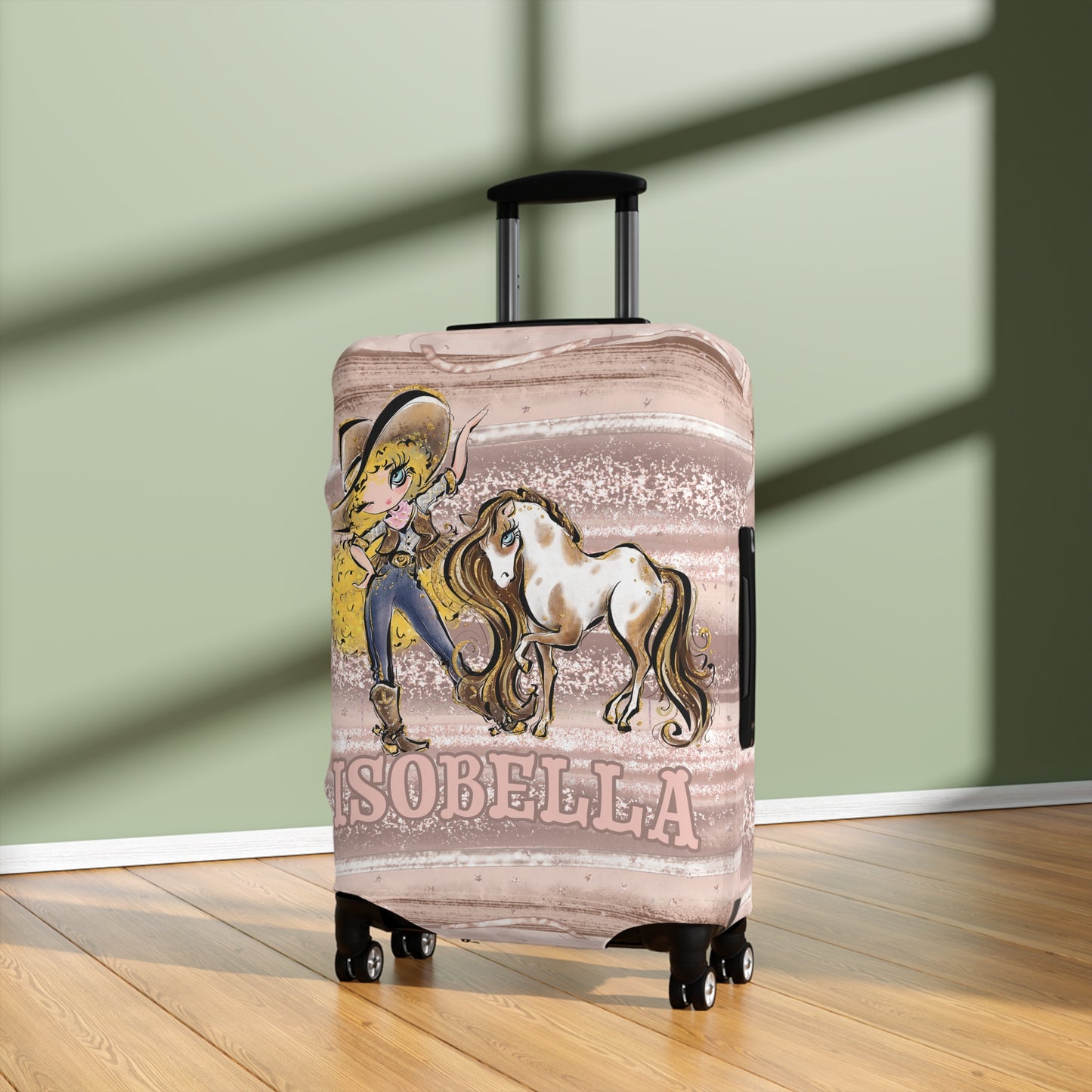 Luggage Cover, Howdy Cowgirl and Horse, Blonde Curly Hair Blue Eyes