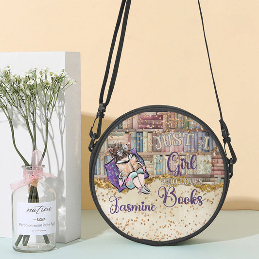 Round Satchel Bag, Just a Girl who Loves Books, Brunette Hair, Personalised