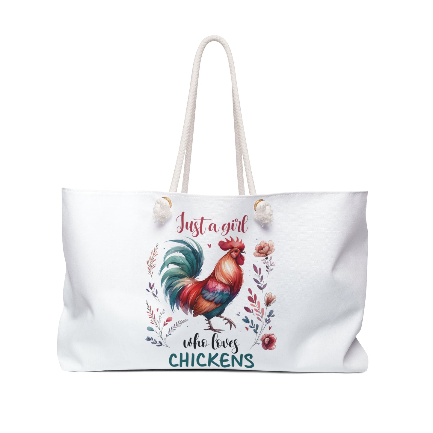 Personalised/Non-Personalised Weekender Bag, Chickens, Quote, Just A Girl Who Loves Chickens, Large Weekender Bag, Beach Bag, Book Bag