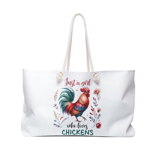 Personalised/Non-Personalised Weekender Bag, Chickens, Quote, Just A Girl Who Loves Chickens, Large Weekender Bag, Beach Bag, Book Bag