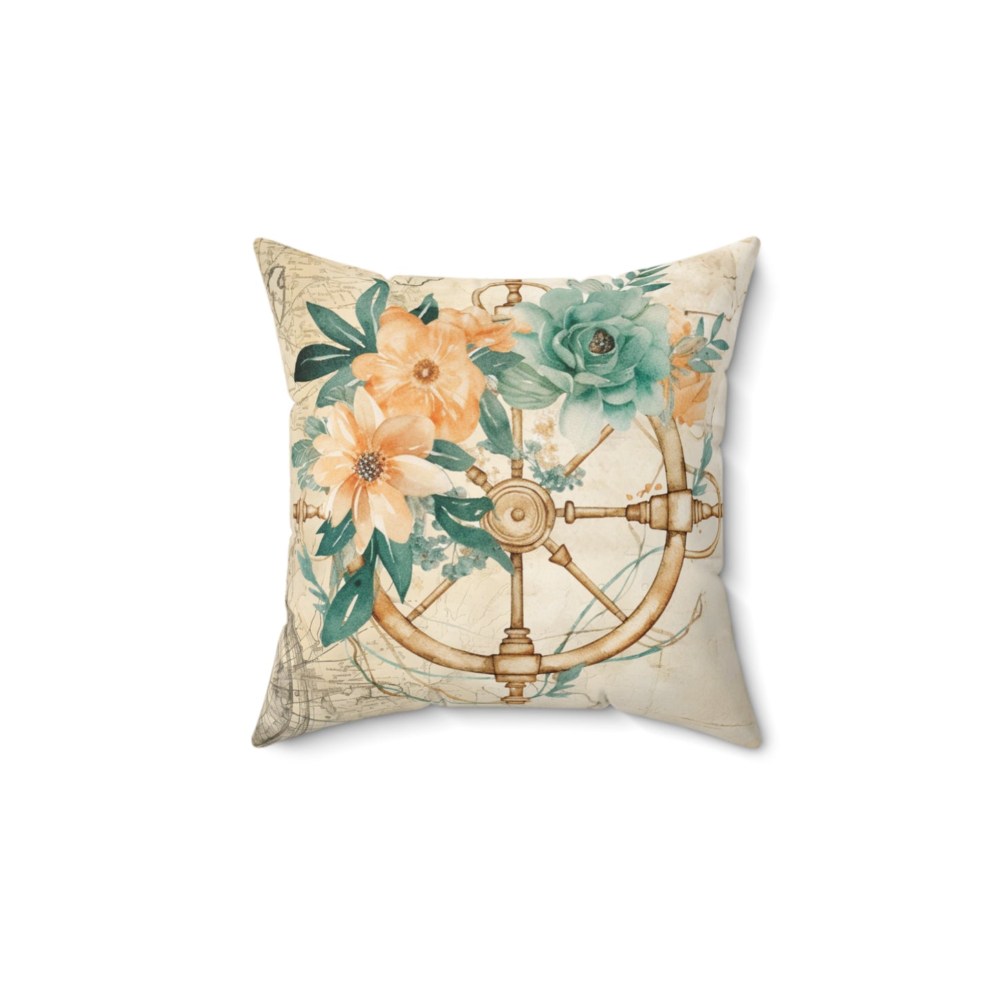 Nautical Polyester Square Cushion, Nautical cushion, Natural Ships Wheel