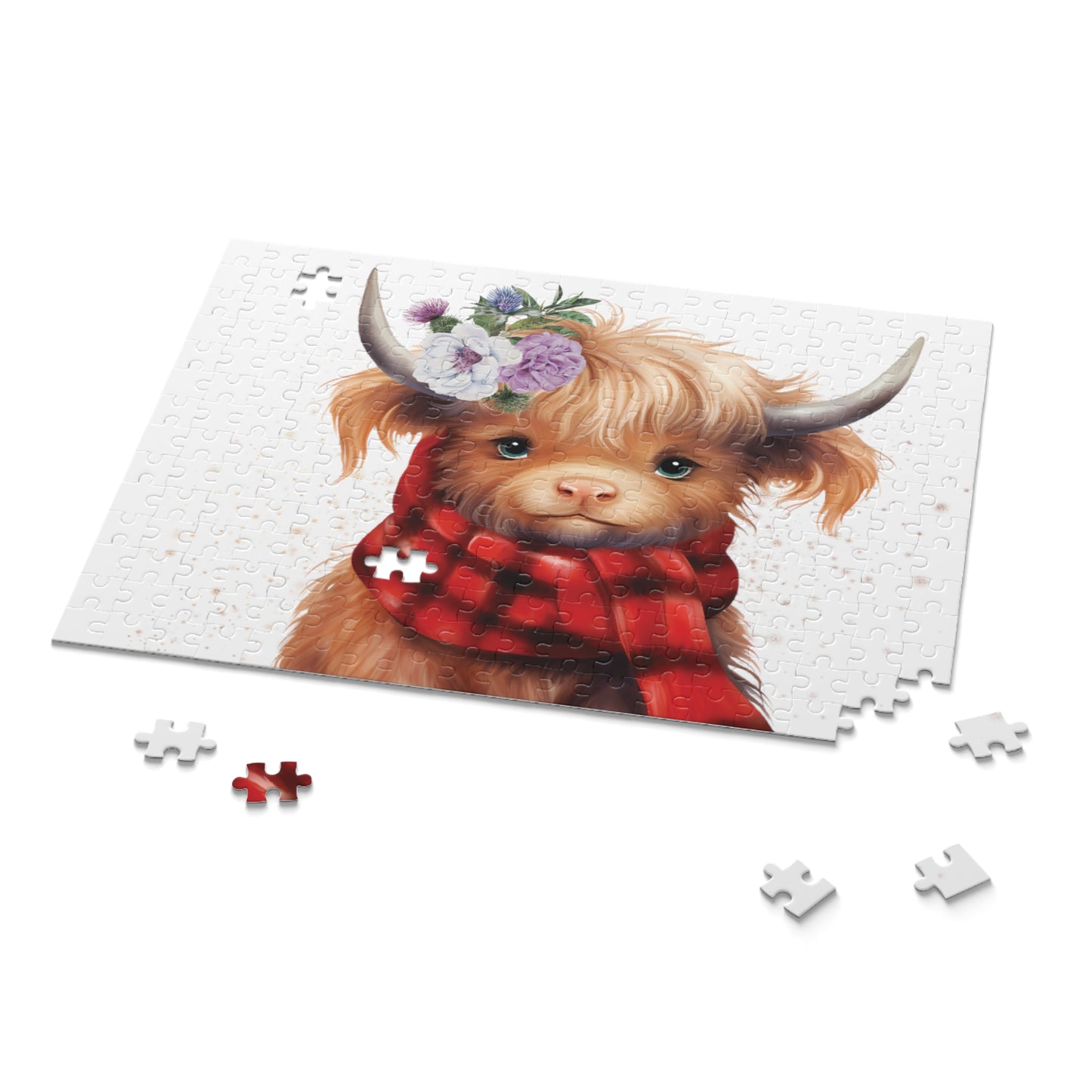 Personalised/Non-Personalised Puzzle, Highland Cow with red tartan scarf (120, 252, 500-Piece)