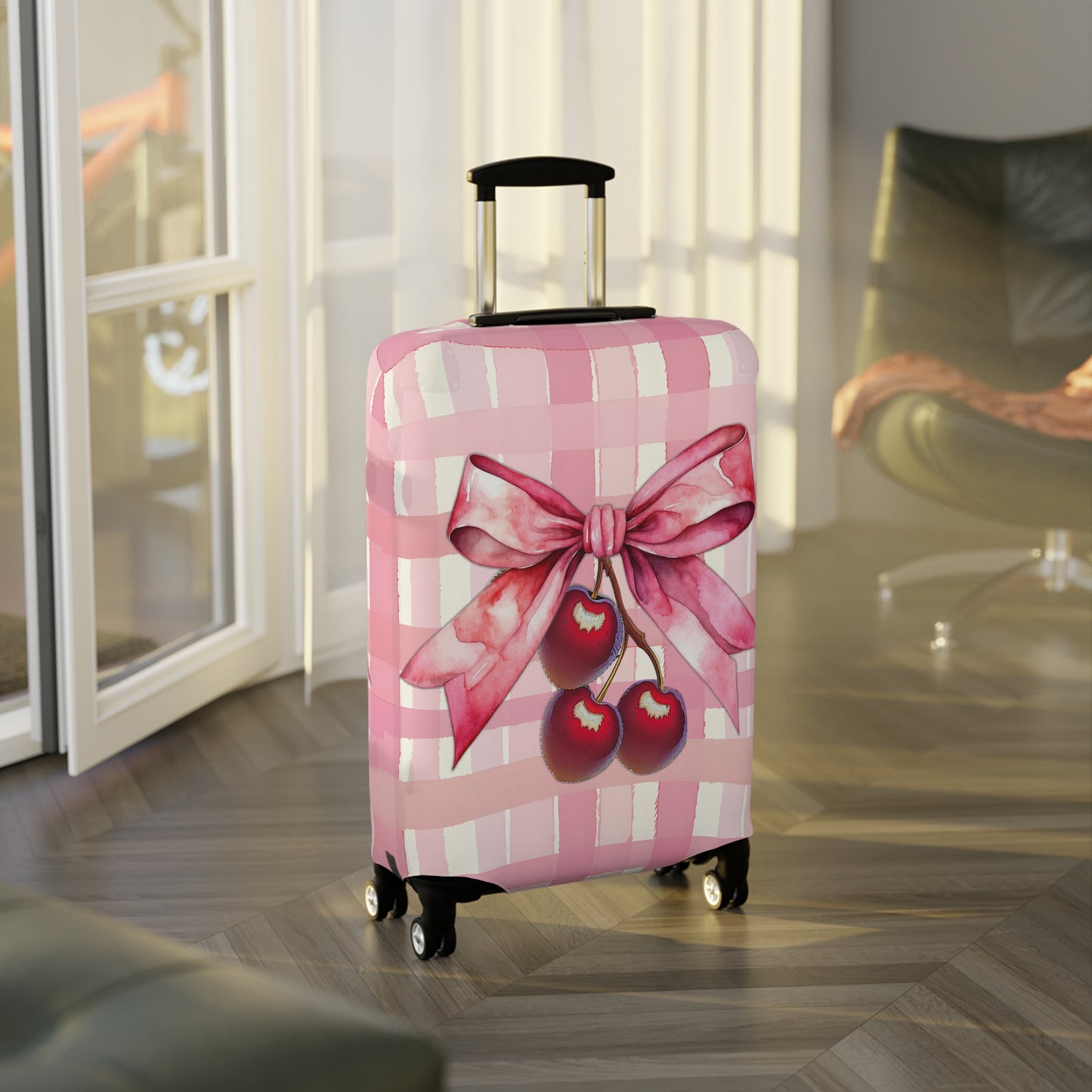 Luggage Cover, Rockabilly, Coquette, Pink Tartan, Cherries and Ribbon, awd-2517