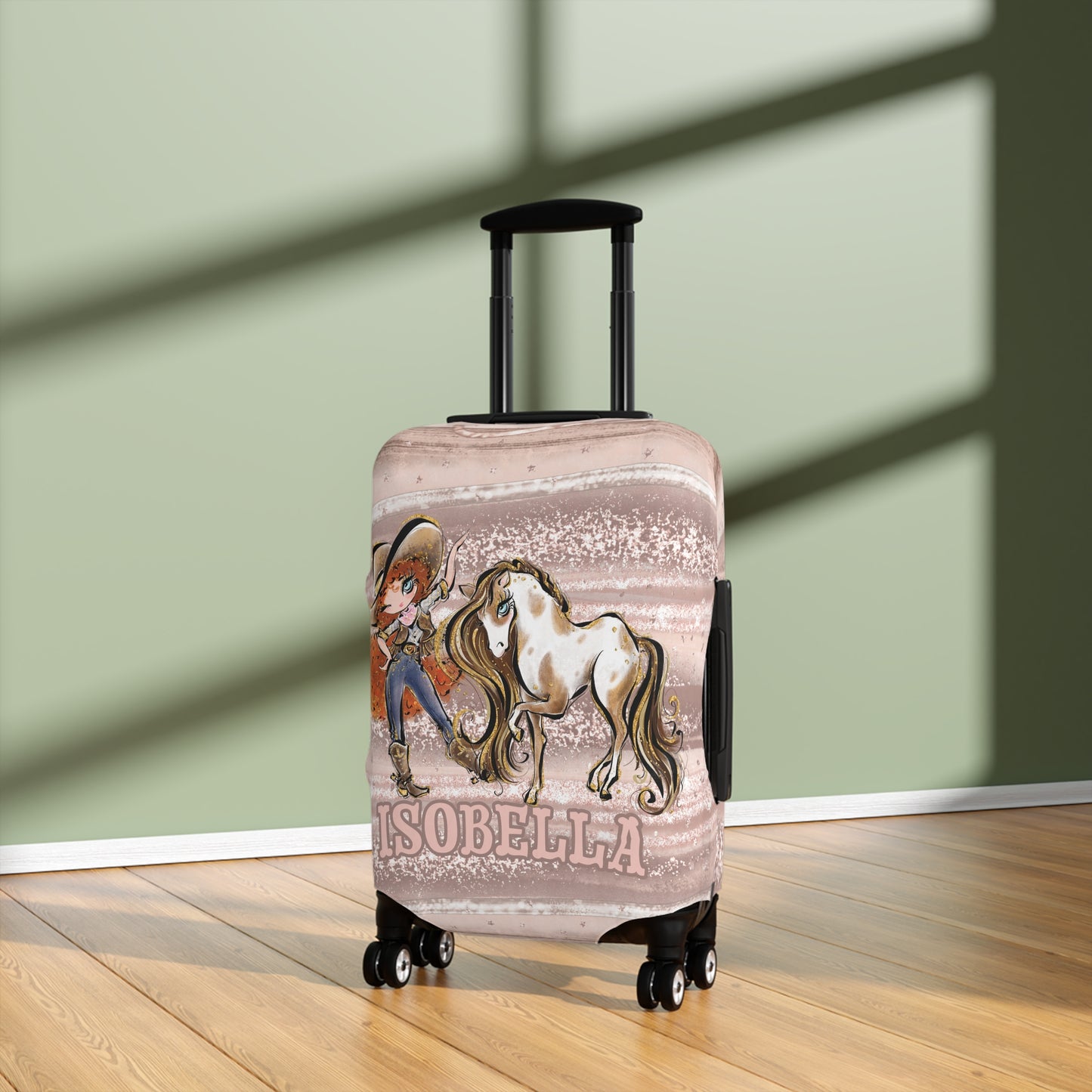 Luggage Cover, Howdy Cowgirl and Horse, Red Curly Hair Blue Eyes