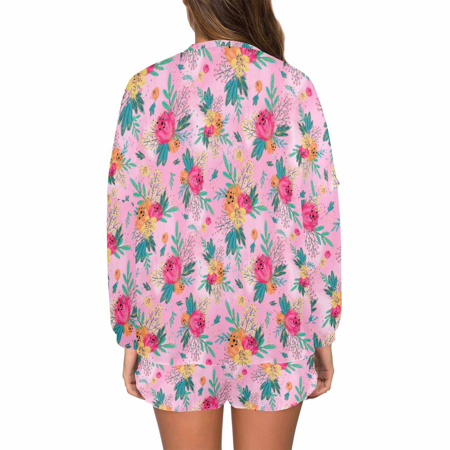 Australian Floral Pink Women's Long Sleeve Pajama Set with Shorts