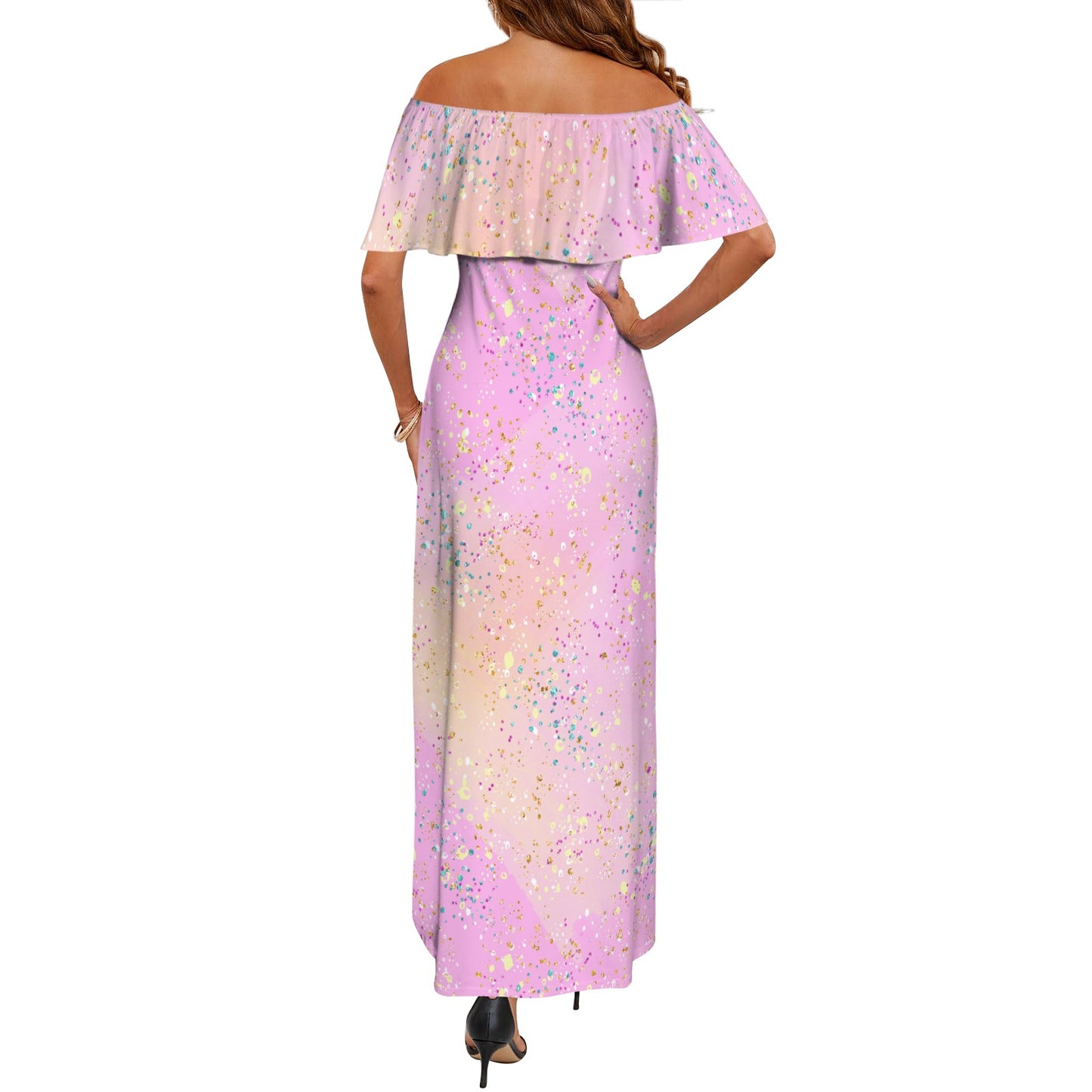 Pink Splash Women's Off Shoulder Ruffle Boat Neck Dress (Model D71)