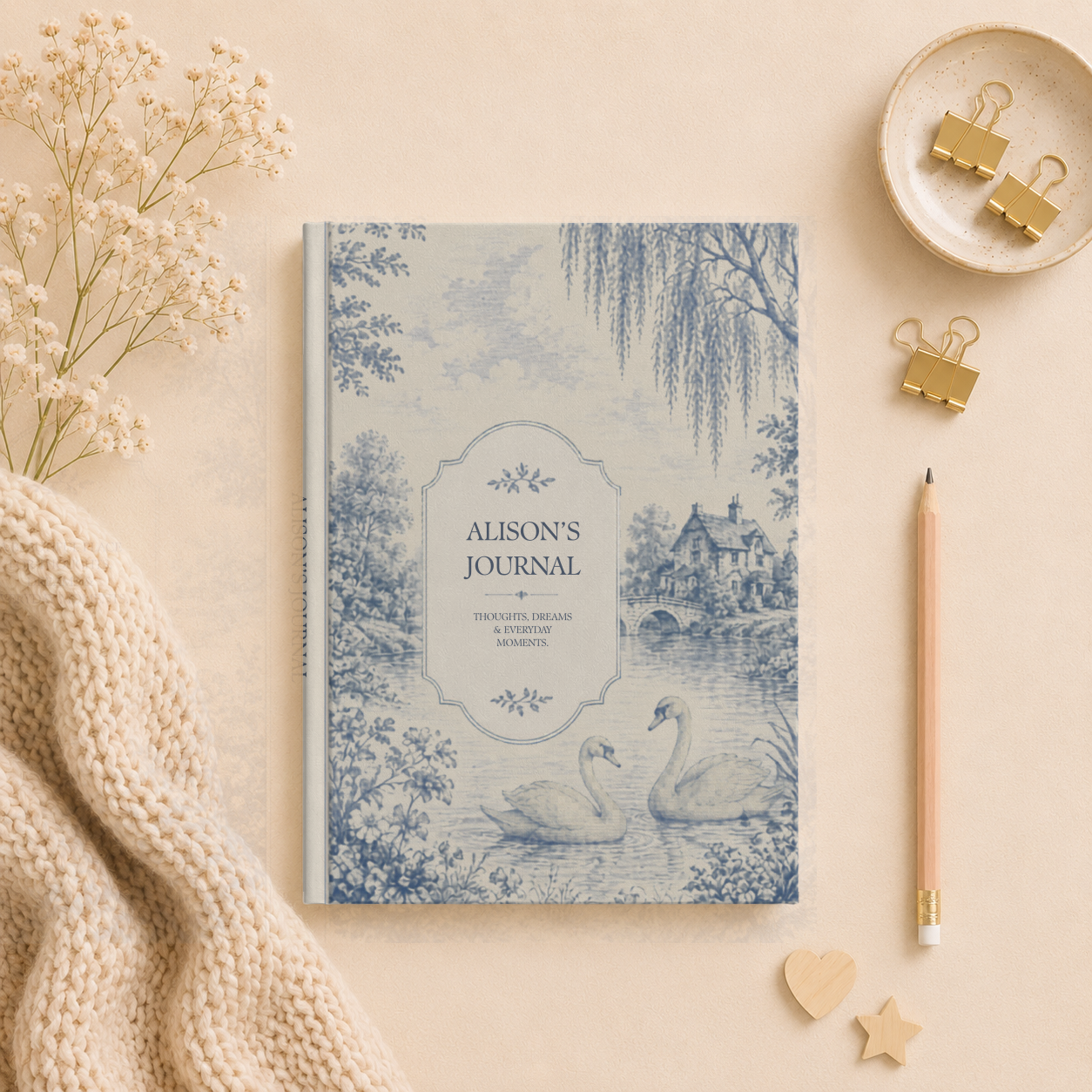 Custom Matte Hardcover Journal, Personalized Writing Notebook, Blue Vintage Style, Elegant Gift for Her, Unique Journal for Writers