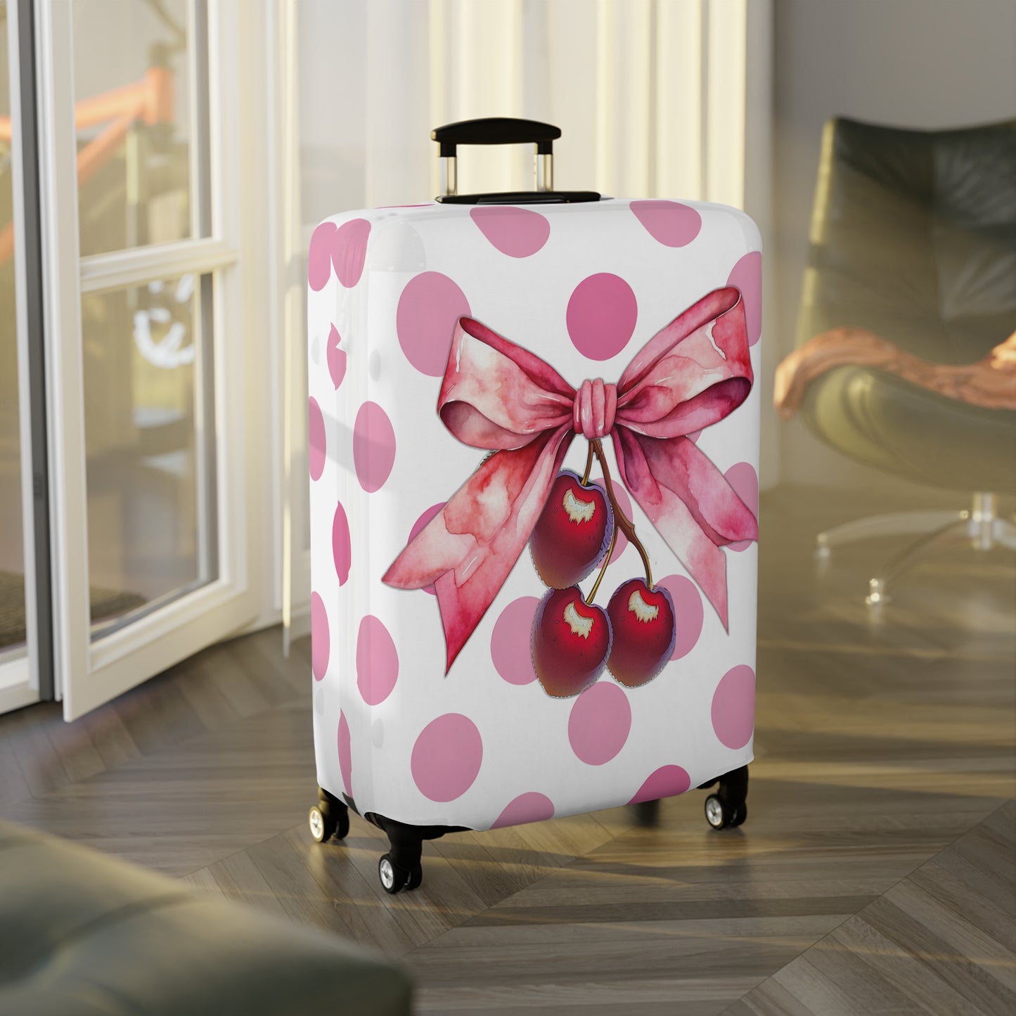 Luggage Cover, Rockabilly, Coquette, Pink Polka Dots, Cherries and Ribbon, awd-2502