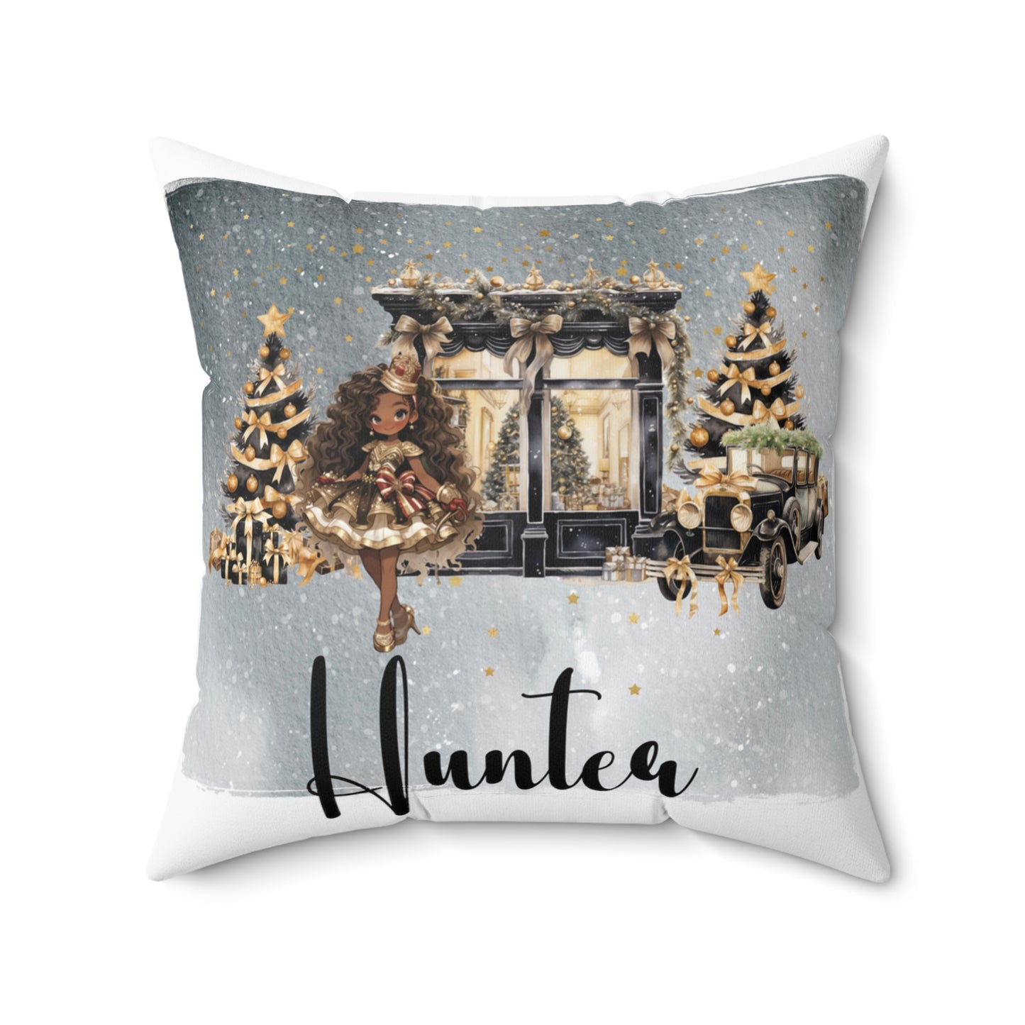 Personalised Christmas Cushion, Polyester Square Cushion, Black and Gold Christmas cushion