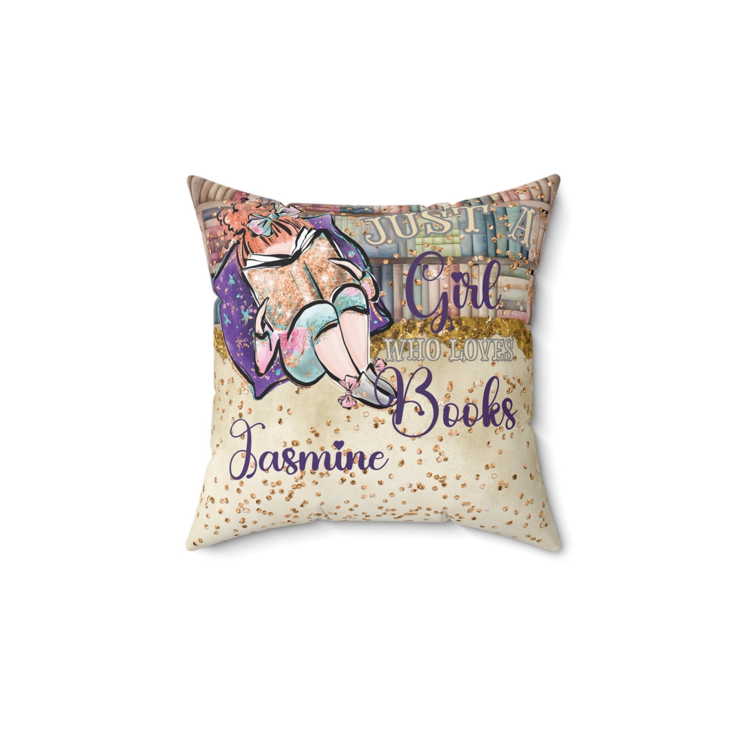 Polyester Square Pillow, Just a Girl who Loves Books, Red Hair