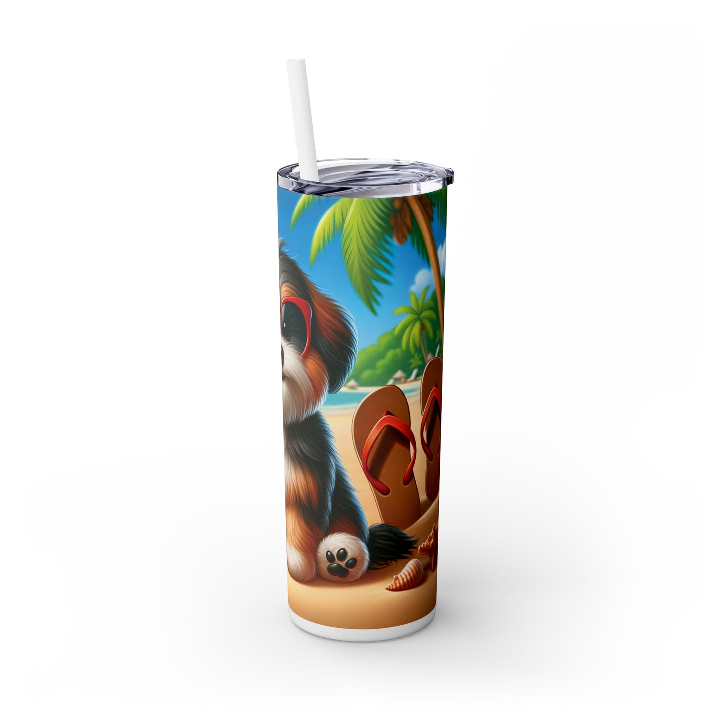 Skinny Tumbler with Straw, 20oz, Dog on Beach, Havanese, awd-1215