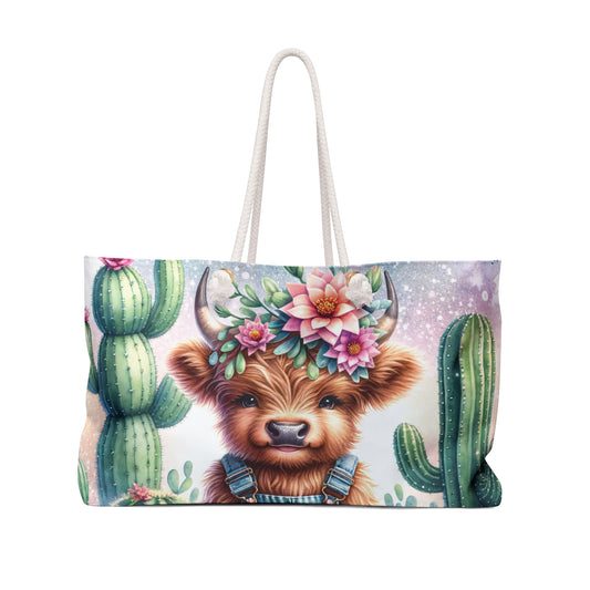 Personalised/Non-Personalised Weekender Bag, Highland Cow, Cactus, Large Weekender Bag, Beach Bag, Book Bag