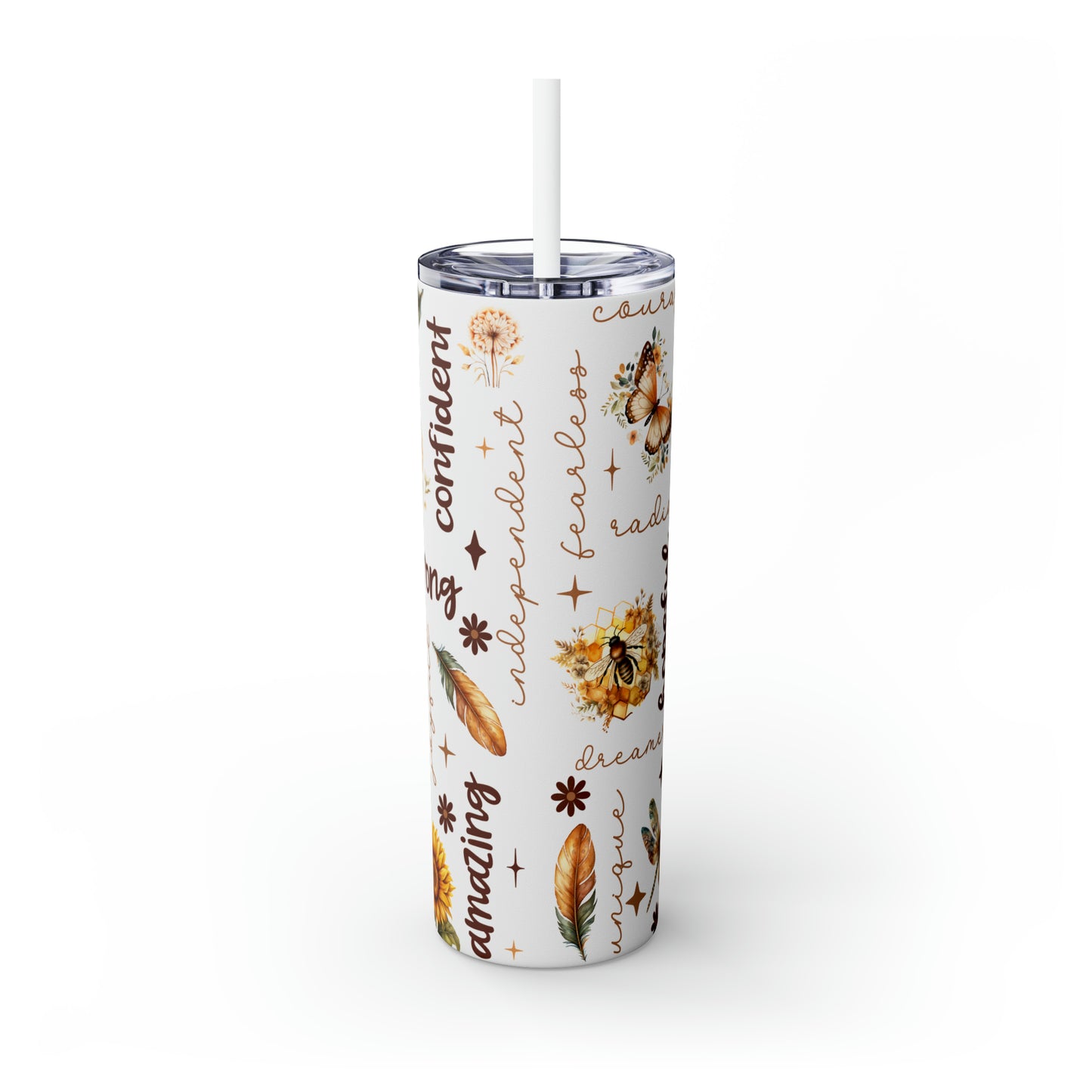 Skinny Tumbler with Straw, 20oz, Affirmation, Woman Brown Hair, awd-504