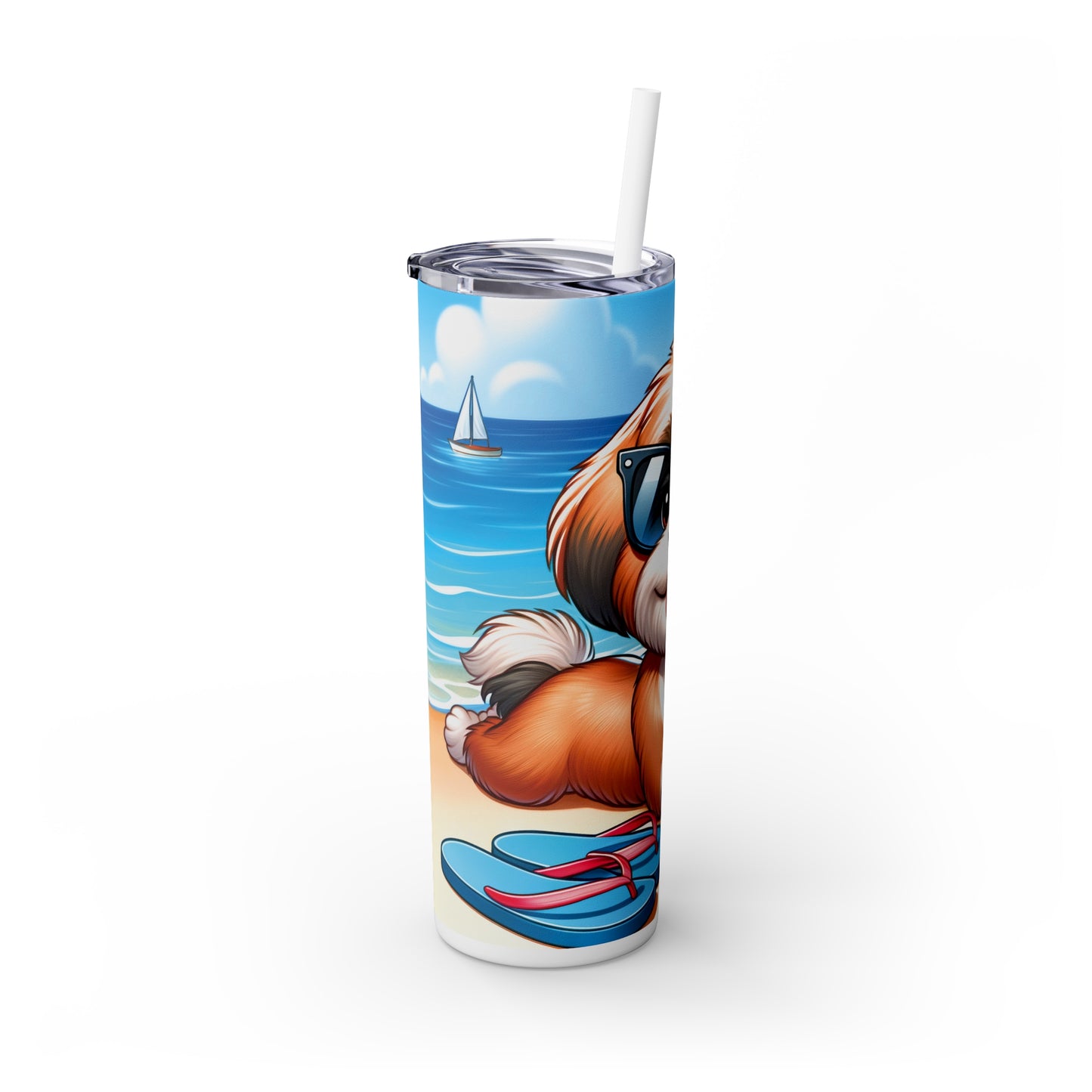 Skinny Tumbler with Straw, 20oz, Dog on Beach, Lhasa Apso, awd-1220