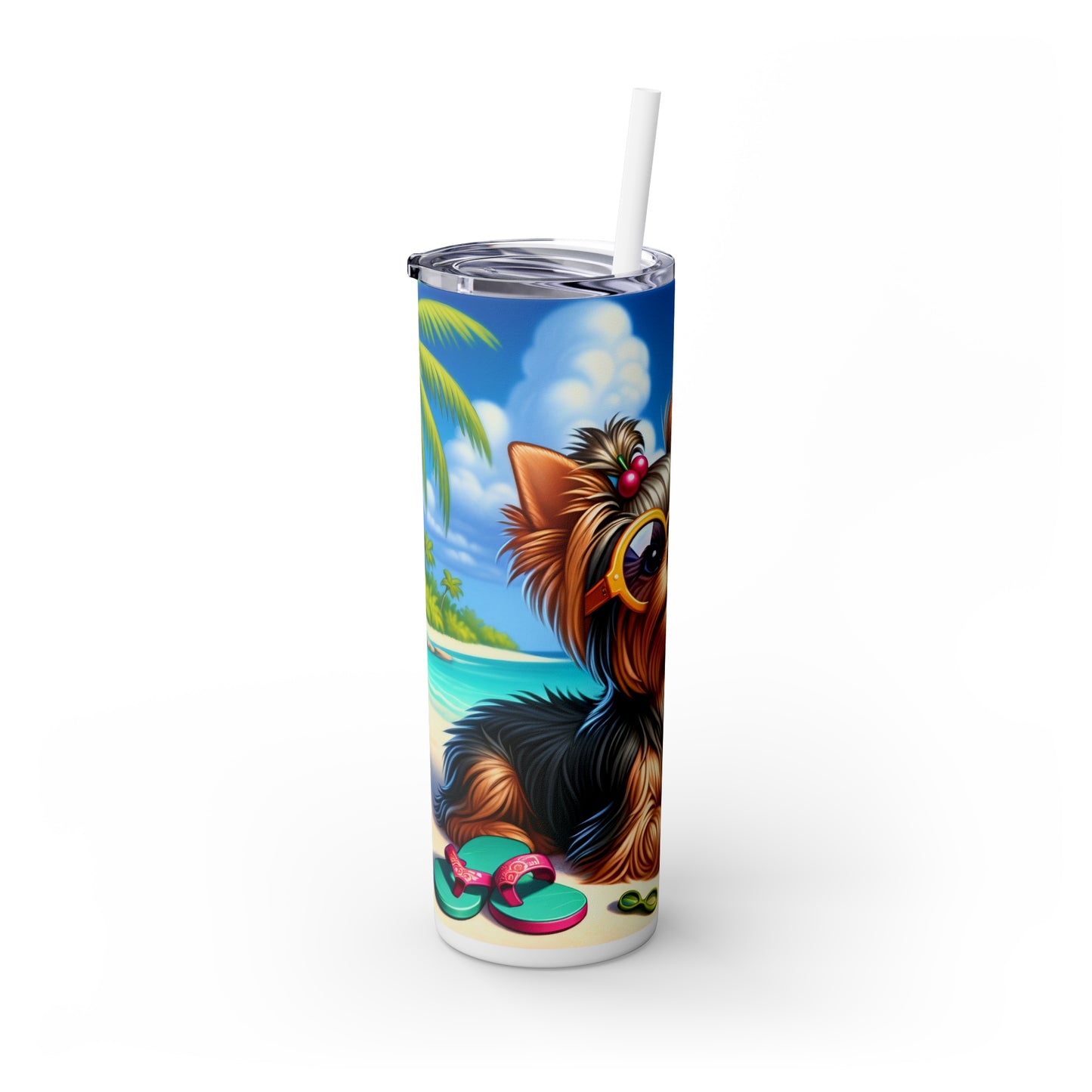 Skinny Tumbler with Straw, 20oz, Dog on Beach, Yorkshire Terrier, awd-1254