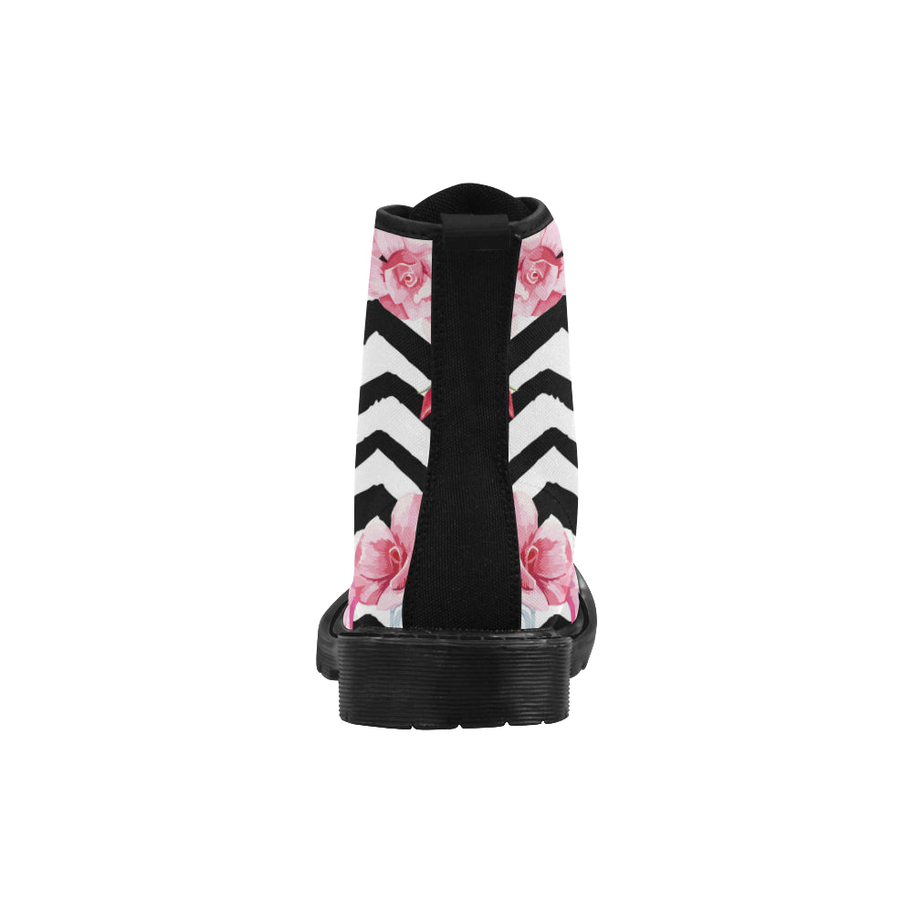 Martin Boots for Women beautiful tropic pink flamingo and rose flowers (Black)
