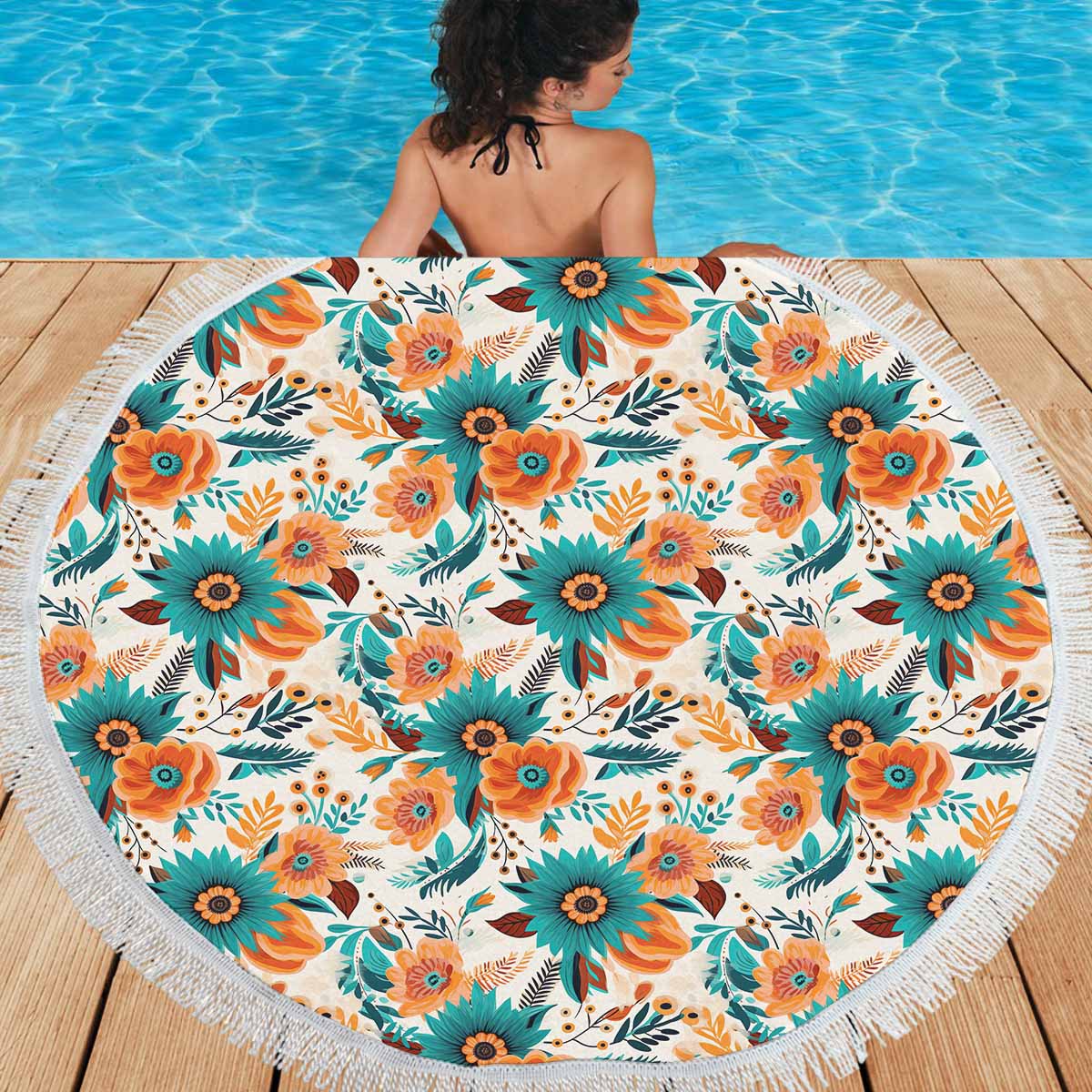 Boho Retro Floral  Circular Beach Shawl 59"