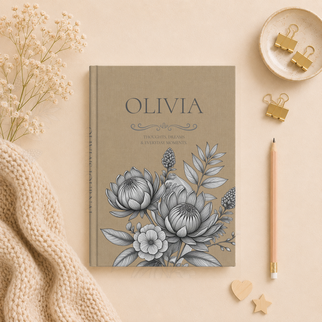 Personalized Linen-look Journal | Custom Hardcover Notebook | Australian Botanical Journal | Elegant Name Notebook