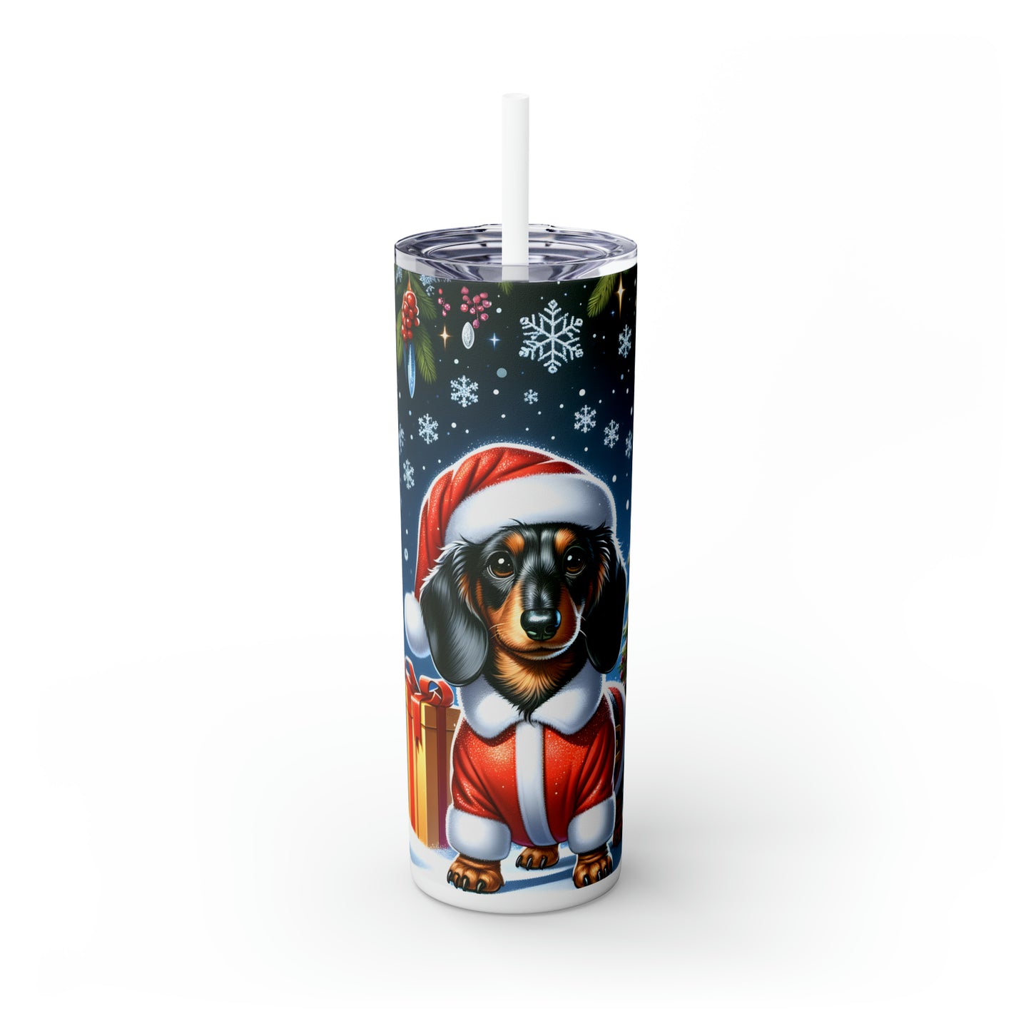 Skinny Tumbler with Straw, 20oz, Christmas Dashound