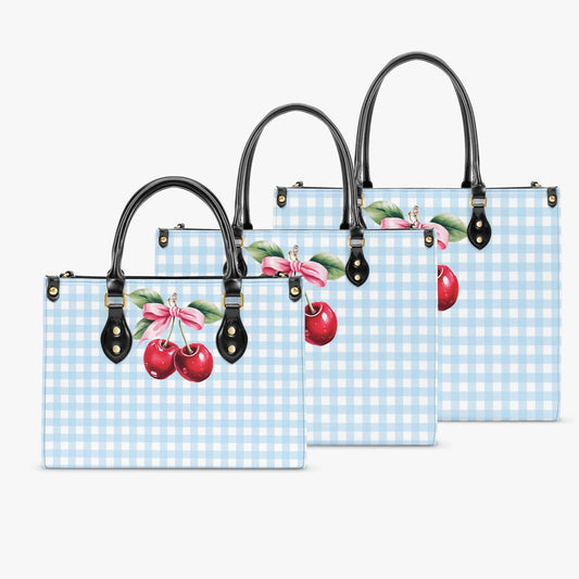 Women's Tote Bag - Rockabilly - Cherries Light Blue Plaid