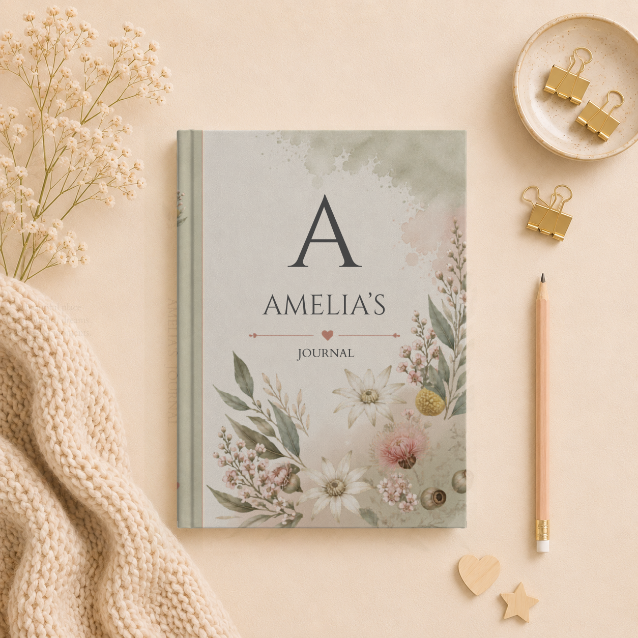 Australian Wildflower Hardcover Journal, Personalized Notebook, Custom Initial Diary, Gift for Writers, Matte Finish Journal, Elegant Floral Design