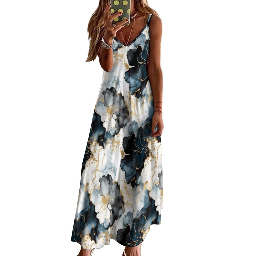 Alcohol Ink Floral Spaghetti Strap Ankle-Length Dress Long dress