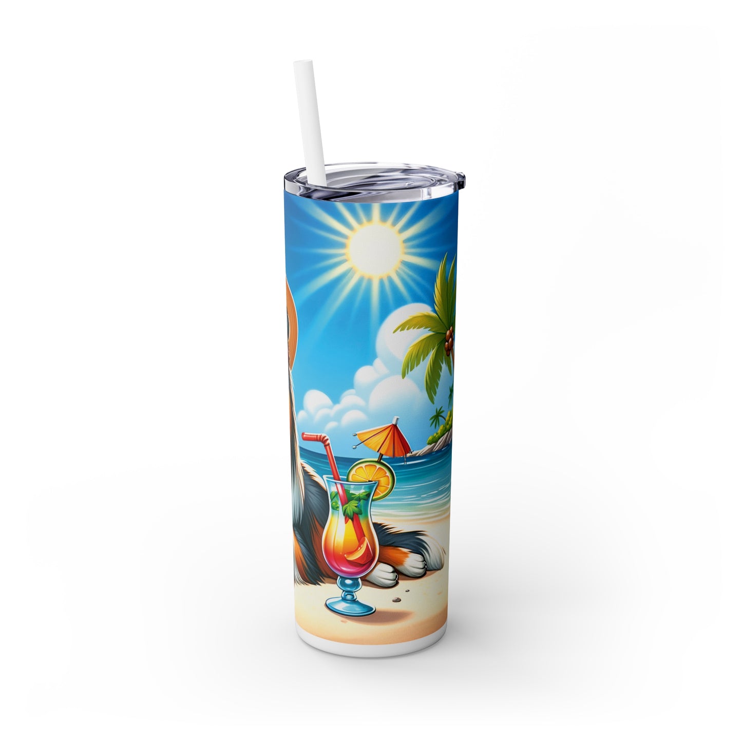 Skinny Tumbler with Straw, 20oz, Dog on Beach, Sheltie, awd-1243