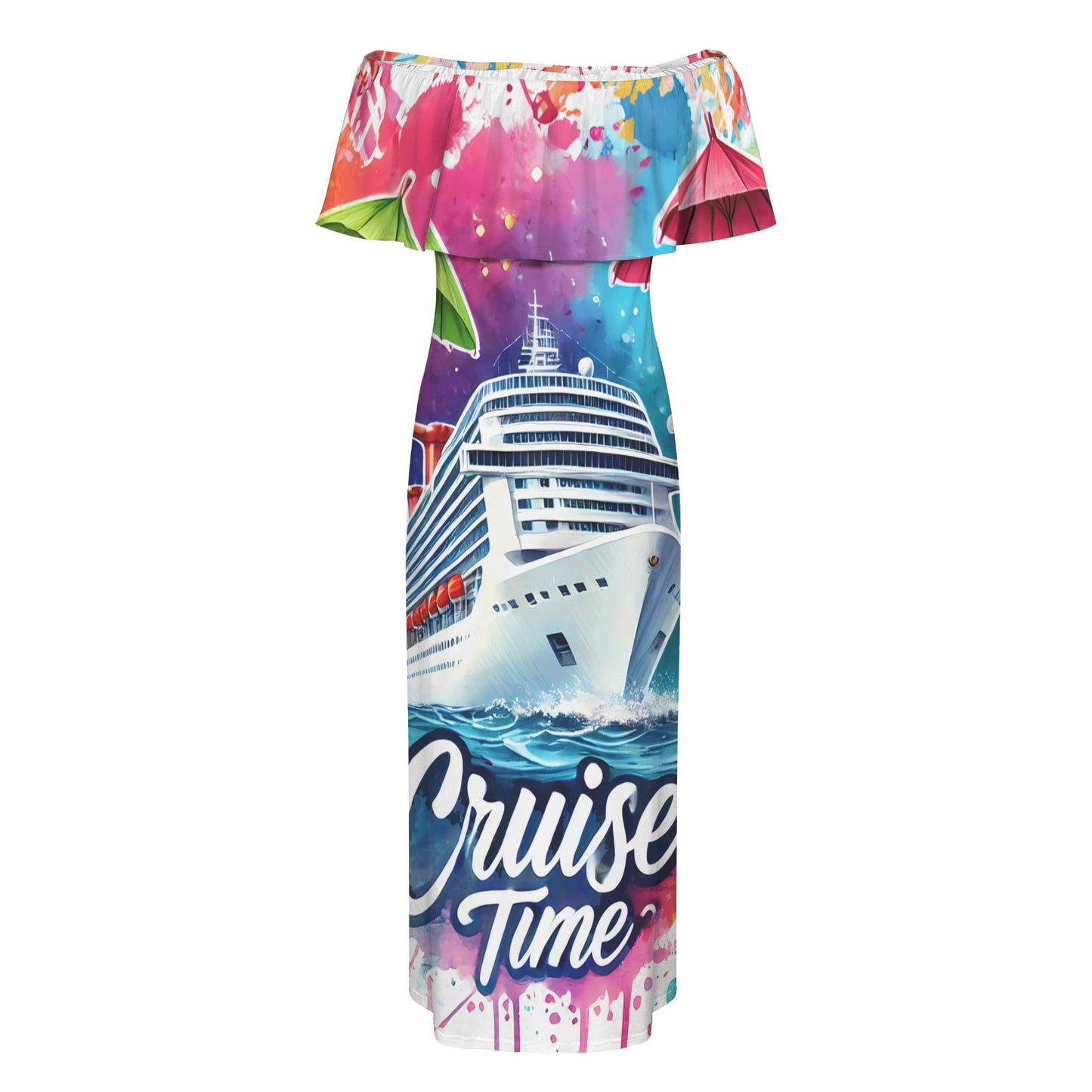 cruise time Women's Off Shoulder Ruffle Boat Neck Dress (Model D71)