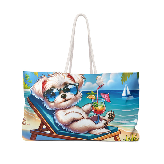 Personalised/Non-Personalised Weekender Bag, Summer Beach Dog, Maltese, Large Weekender Bag, Beach Bag, Book Bag