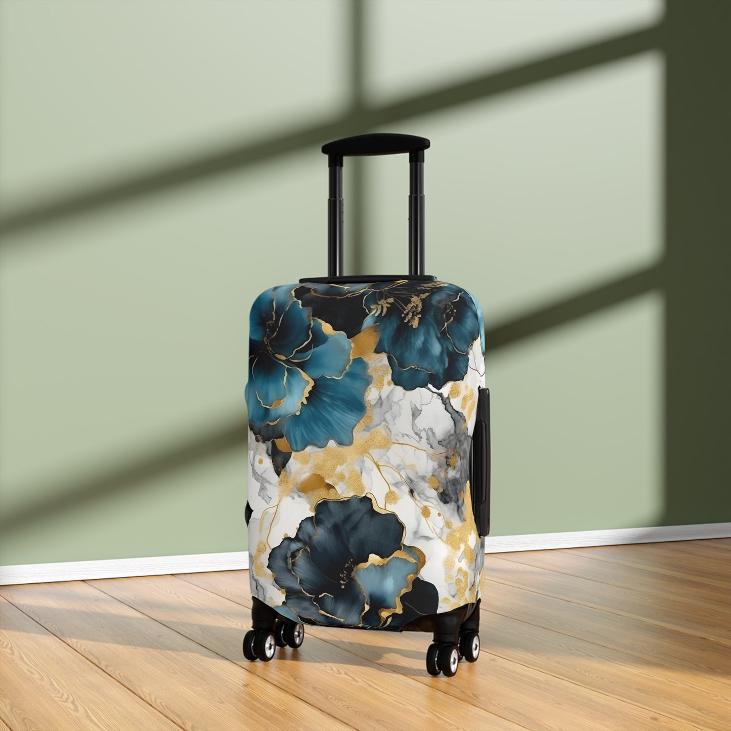 Luggage Cover, Alcohol Ink Black, Blue and Gold Floral