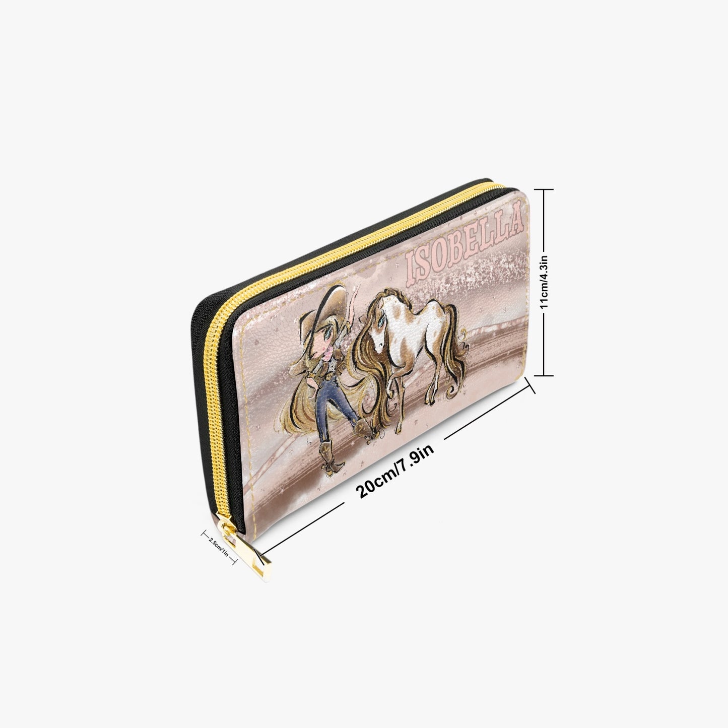 Long Type Zipper Purse, Howdy, Cowgirl & Horse, Blonde Hair Blue Eyes, Personalised