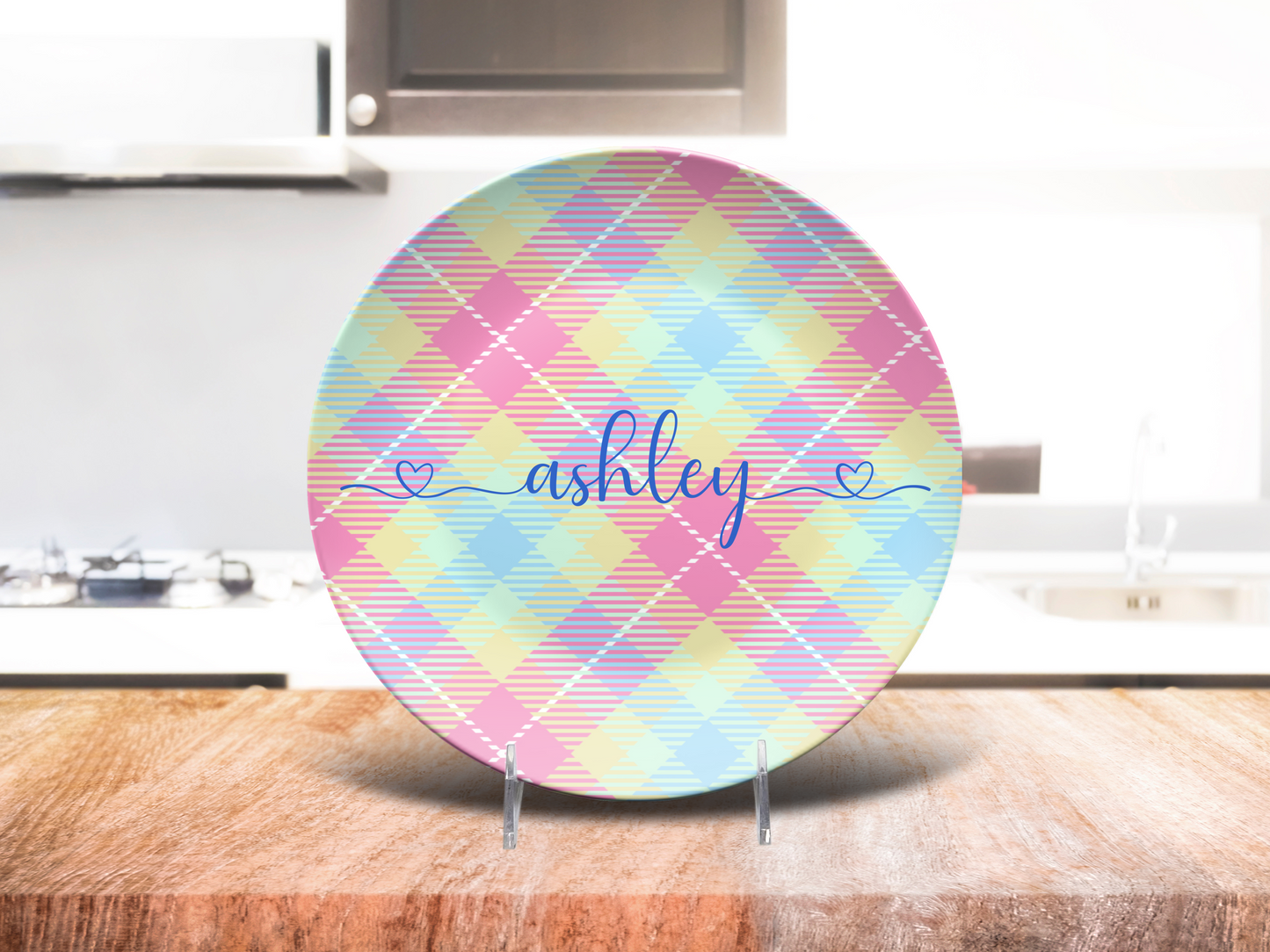 Pastel Plaid Pink Blue and Lemon Personalised Plate