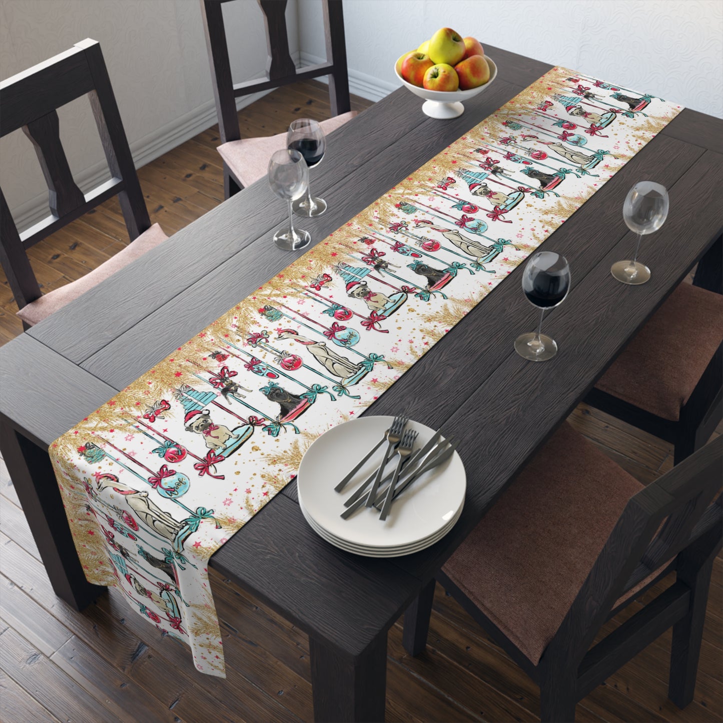 Doggie Christmas Table Runner, Cotton Twill and Poly Available