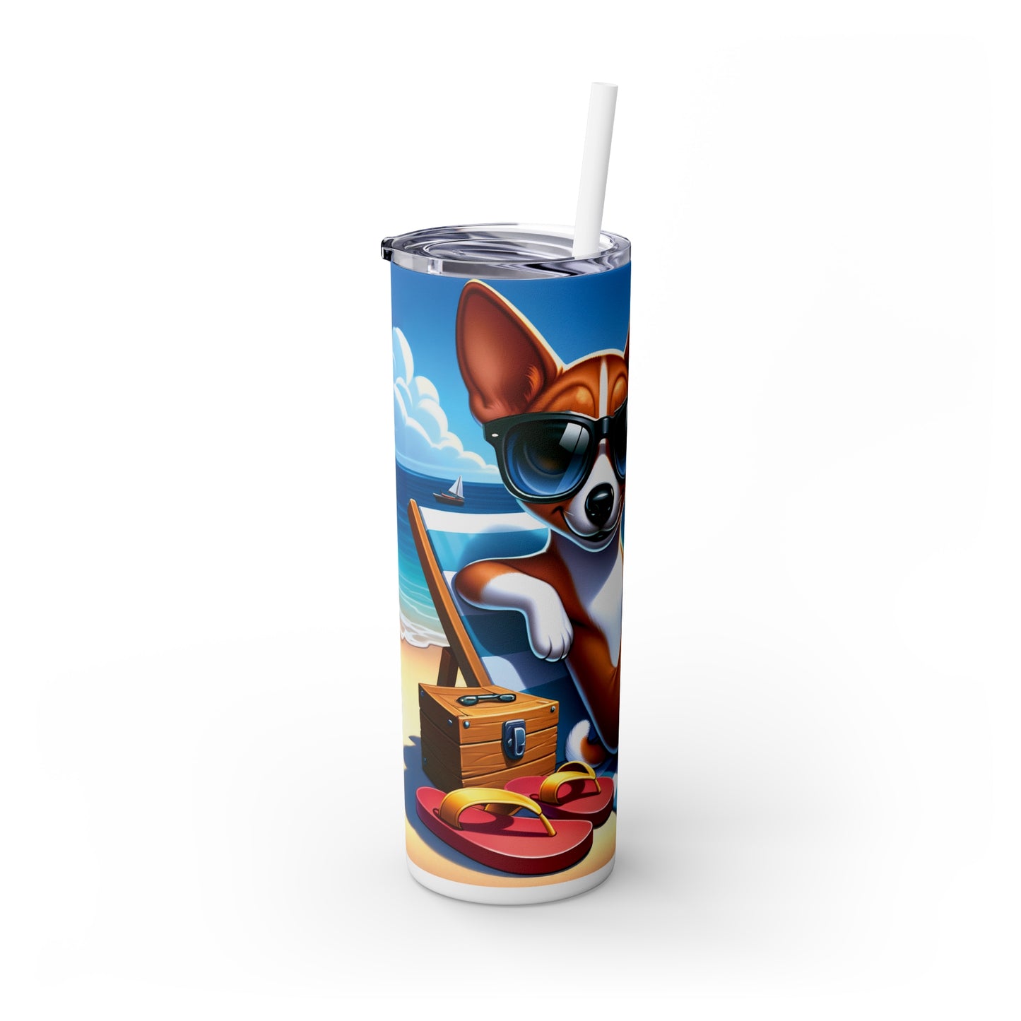 Skinny Tumbler with Straw, 20oz, Dog on Beach, Basenji, awd-1111