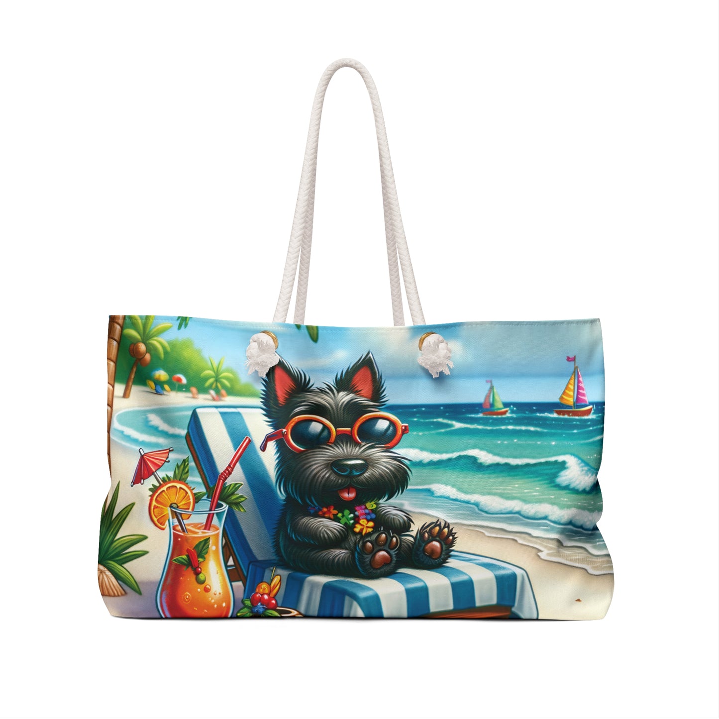 Personalised/Non-Personalised Weekender Bag, Summer Beach Dog, Scottish Terrier, Large Weekender Bag, Beach Bag, Book Bag