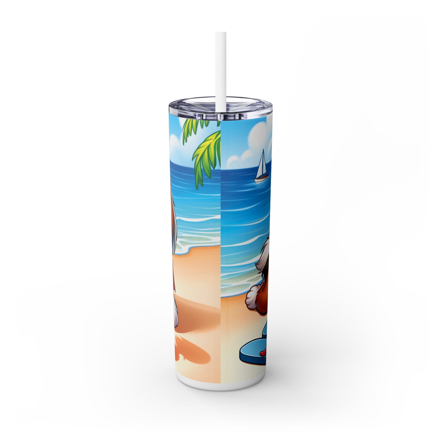 Skinny Tumbler with Straw, 20oz, Dog on Beach, Lhasa Apso, awd-1220